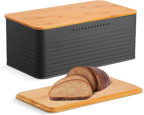 Premium Bread Bin with Bamboo Lid & Chopping Board - Black