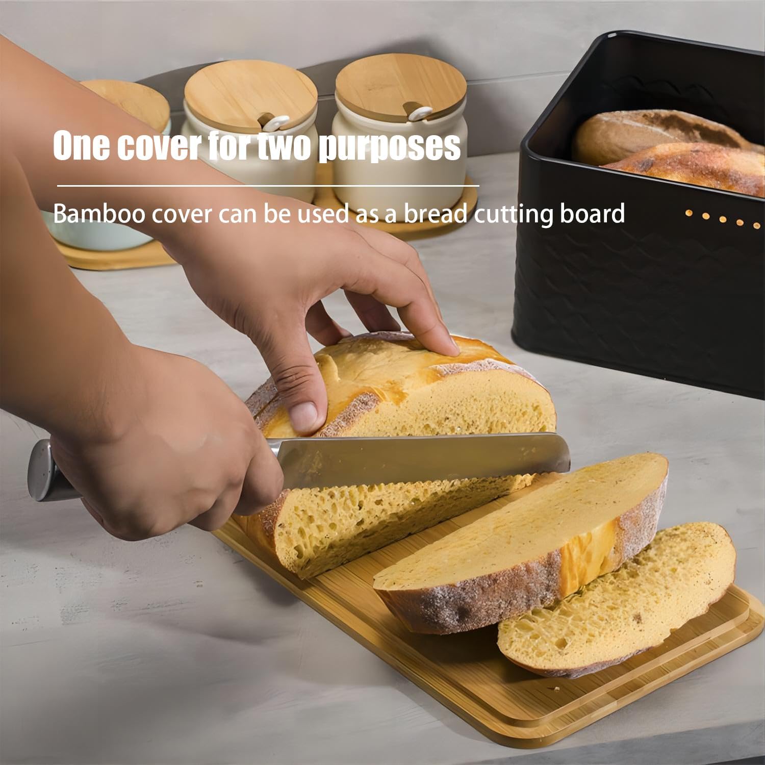 Premium Bread Bin with Bamboo Lid & Chopping Board - Black