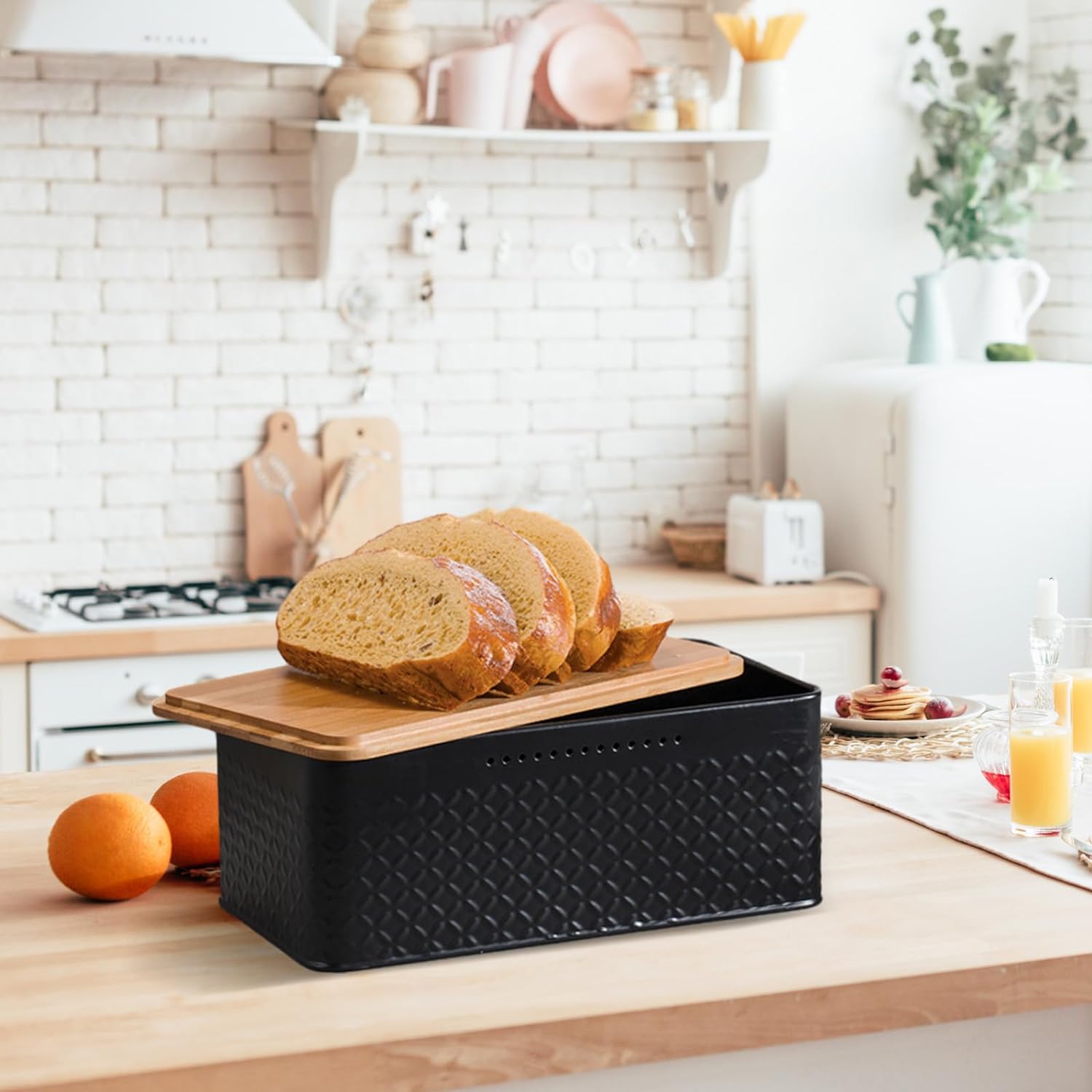 Premium Bread Bin with Bamboo Lid & Chopping Board - Black