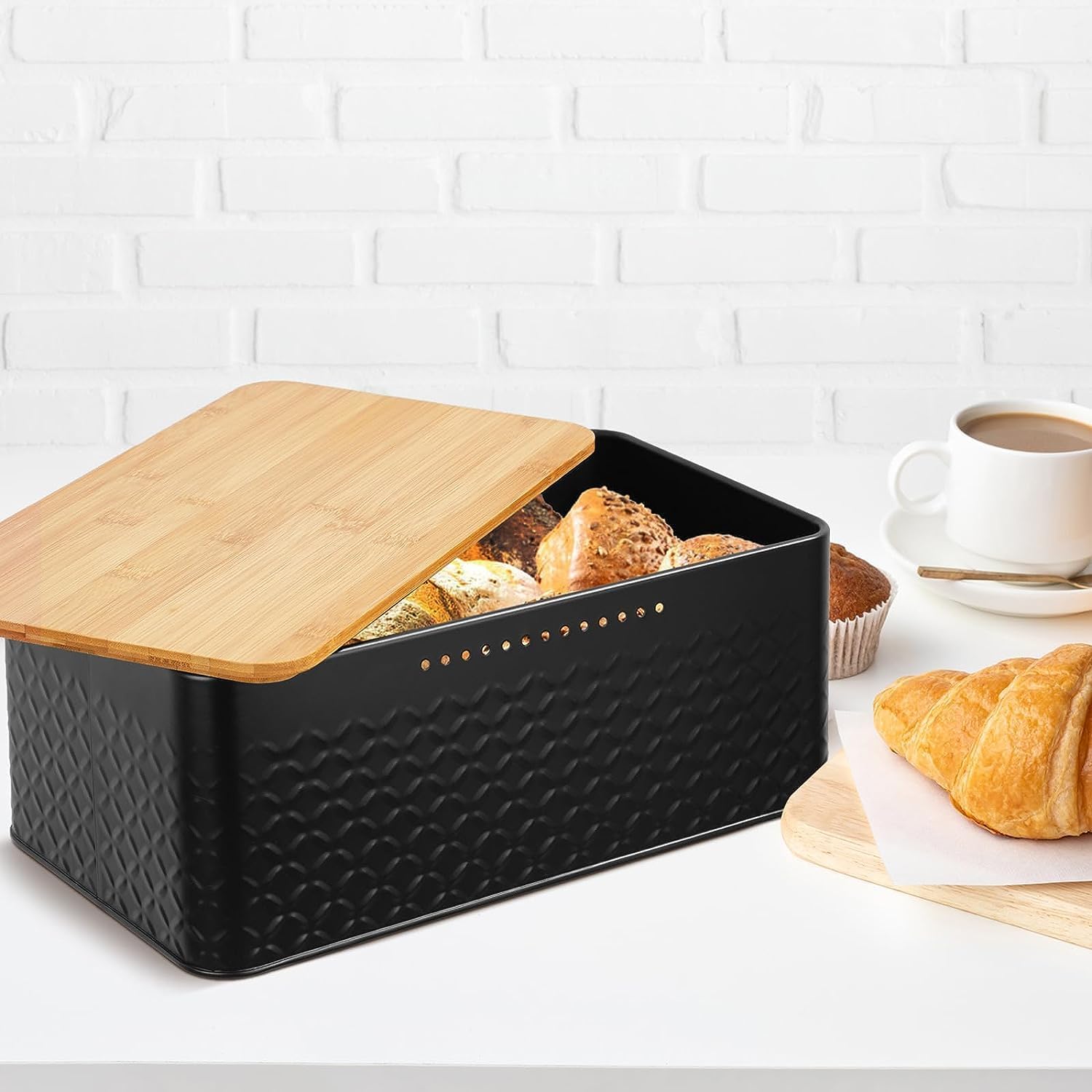 Premium Bread Bin with Bamboo Lid & Chopping Board - Black