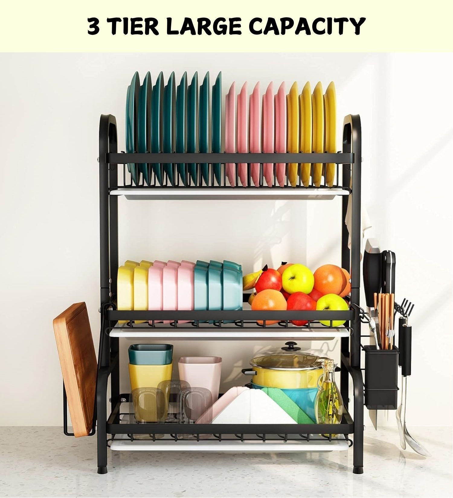 Premium 3-Tier Dish Drying Rack with Utensil & Cutting Board Holder