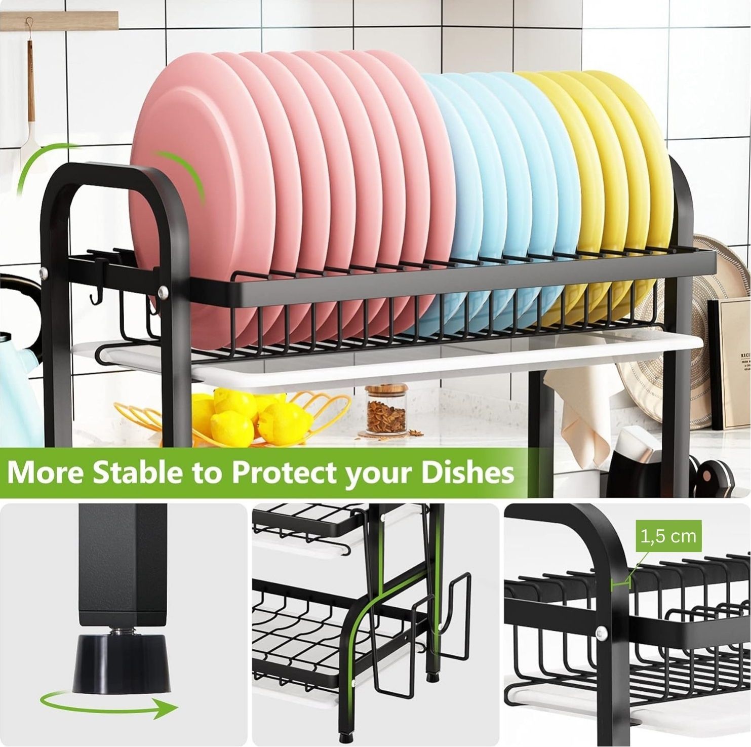 Premium 3-Tier Dish Drying Rack with Utensil & Cutting Board Holder
