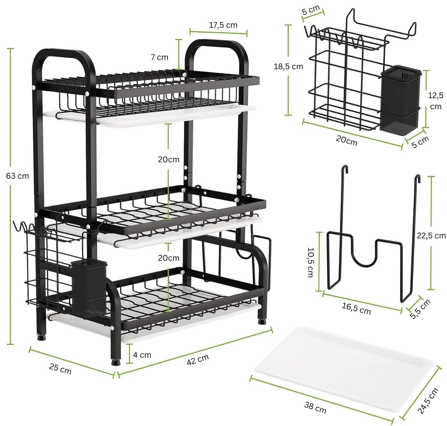 Premium 3-Tier Dish Drying Rack with Utensil & Cutting Board Holder