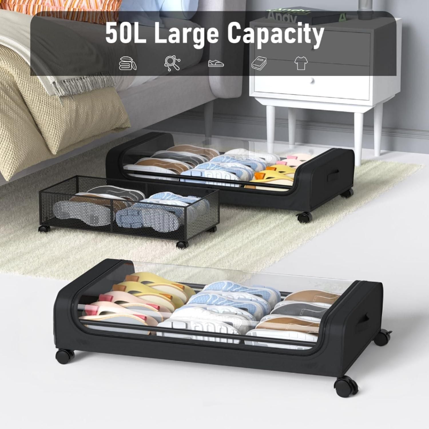 Premium XXL Under Bed Rolling Storage Container with Wheels - 50L