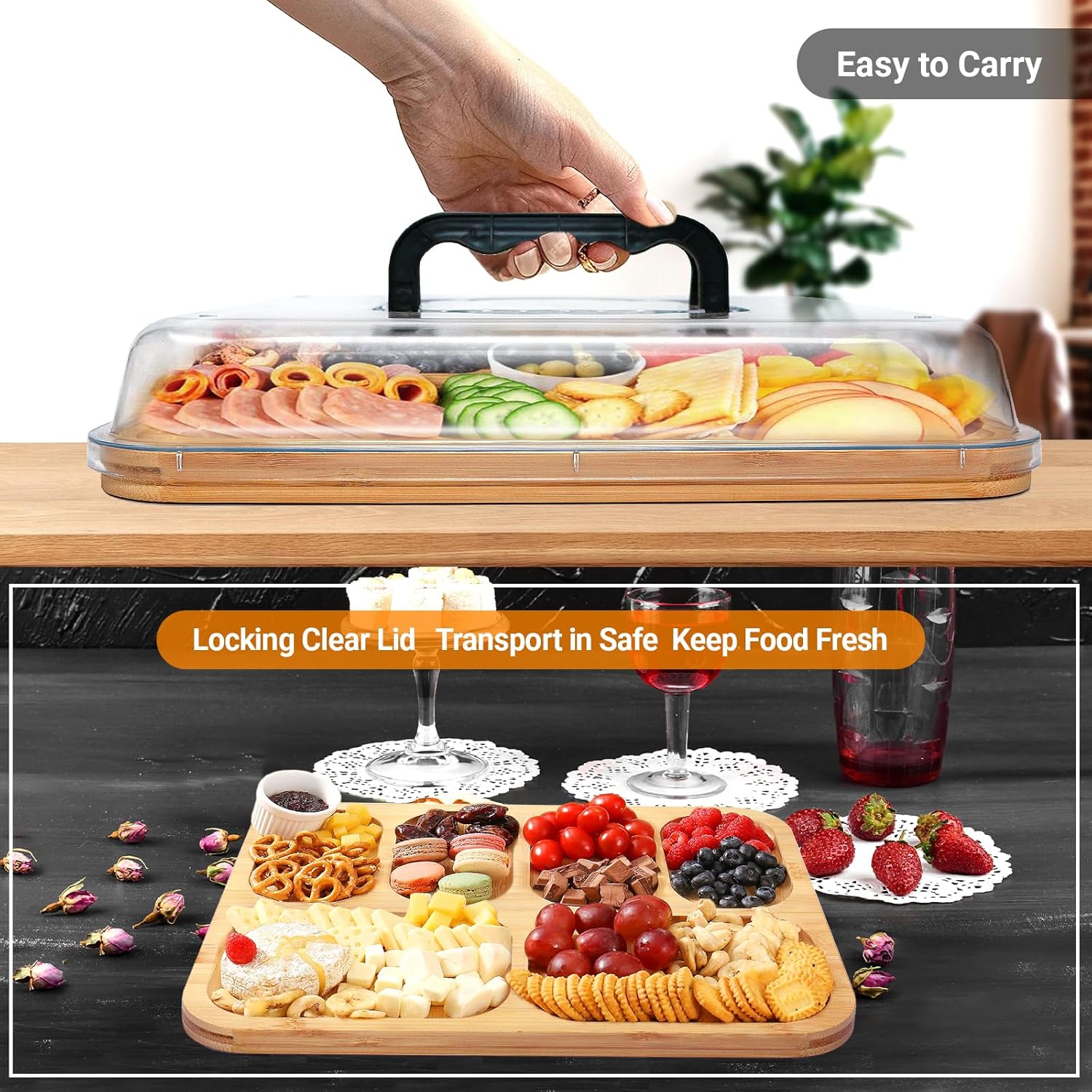 CARLA HOME Bamboo Charcuterie Board with Lid & Handle, 6 Compartments, 28x36x8 cm - SuperSaverAU - view 2