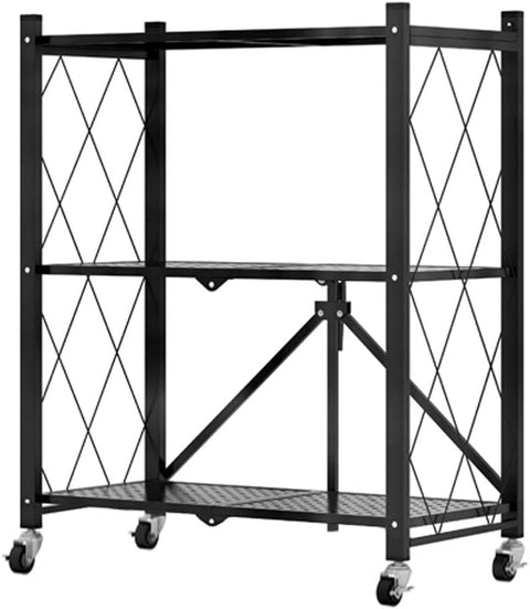 CARLA HOME 3-Tier Foldable Storage Shelf – Black with Lockable Wheels