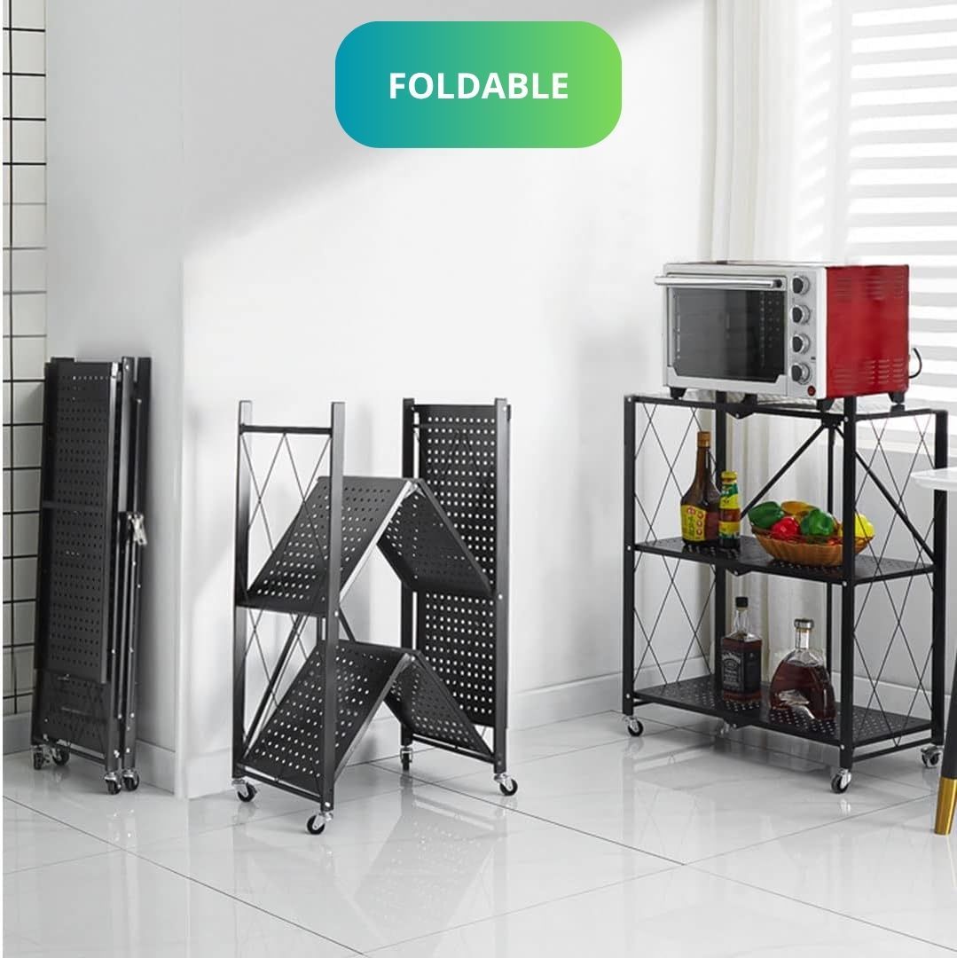 CARLA HOME 3-Tier Foldable Storage Shelf – Black with Lockable Wheels