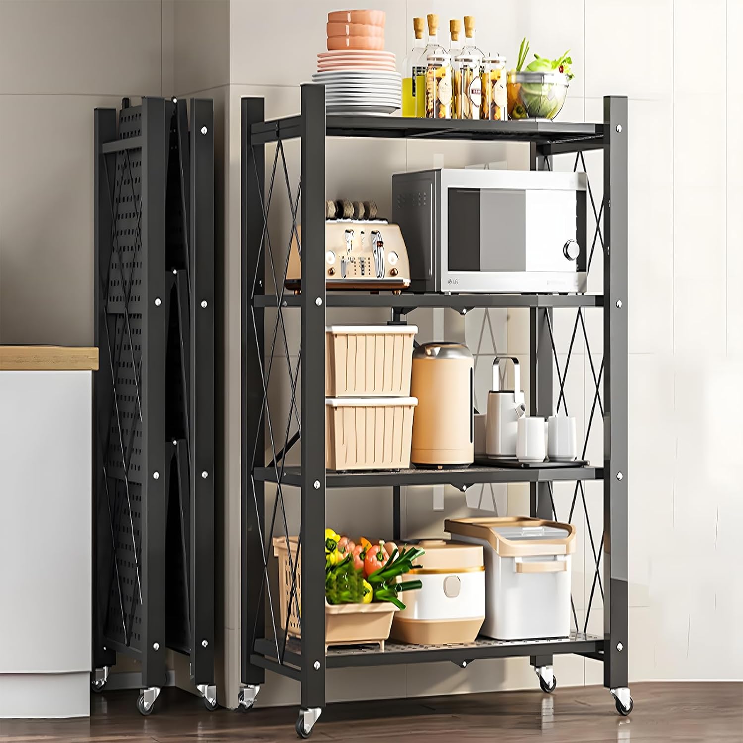 CARLA HOME 4 Tier Black Foldable Storage Shelf with Wheels 100kg Capacity