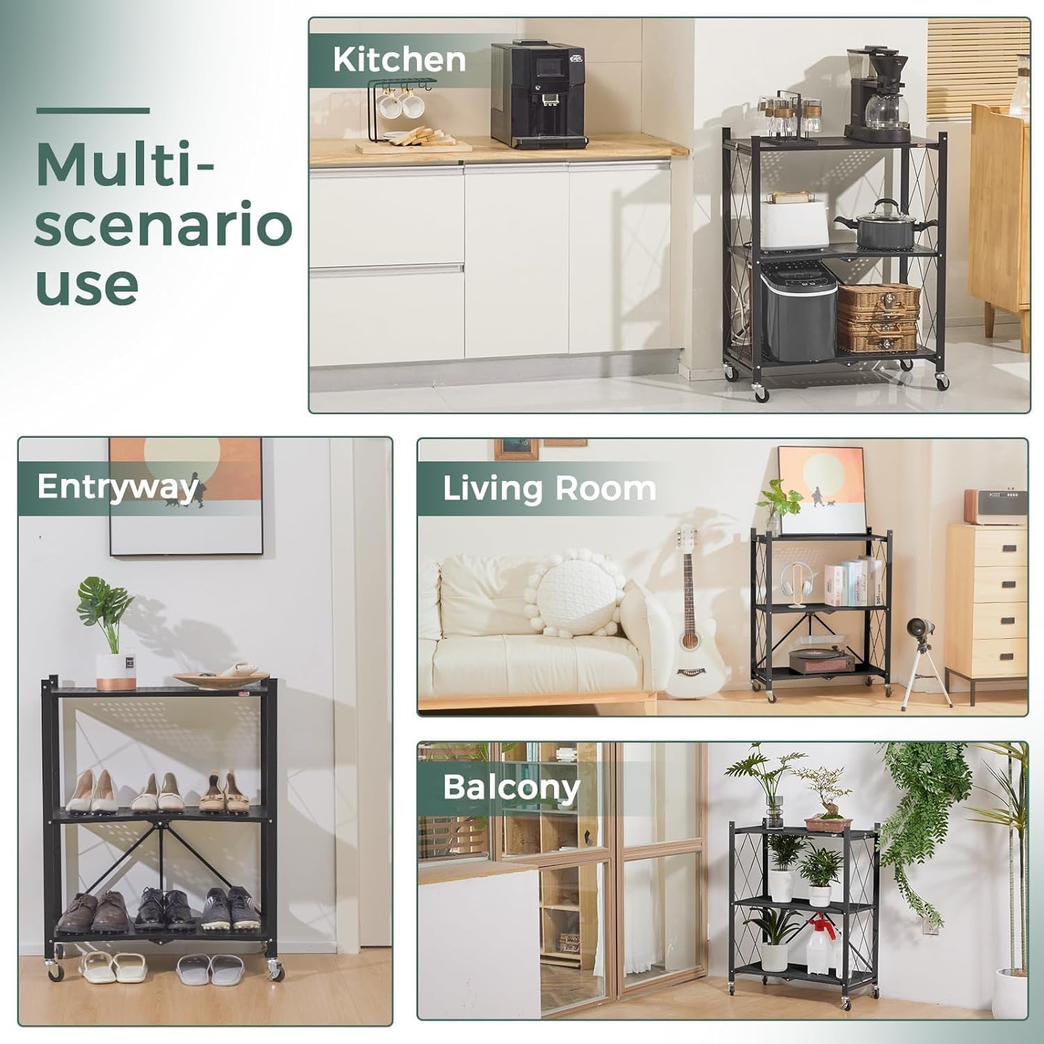 CARLA HOME 4 Tier Black Foldable Storage Shelf with Wheels 100kg Capacity