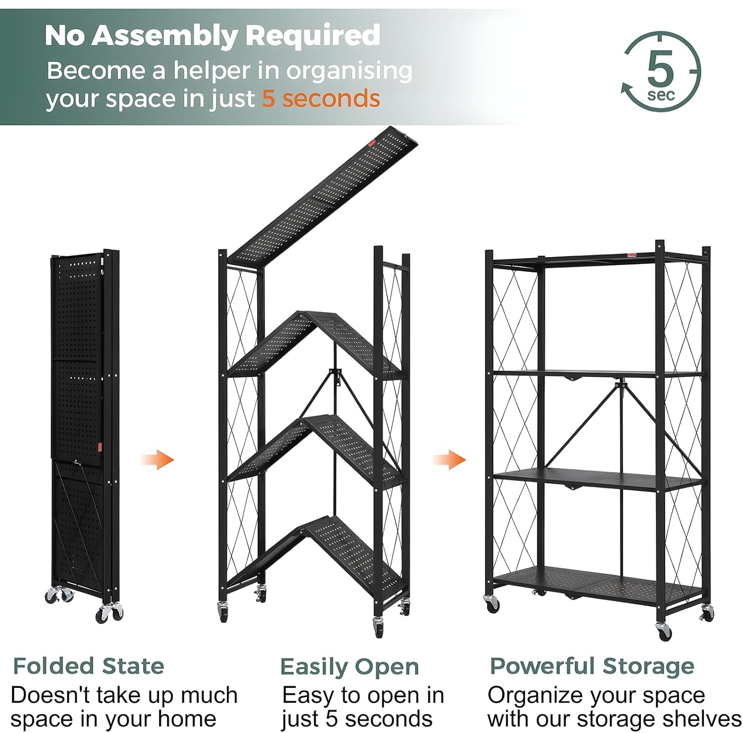 CARLA HOME 4 Tier Black Foldable Storage Shelf with Wheels 100kg Capacity
