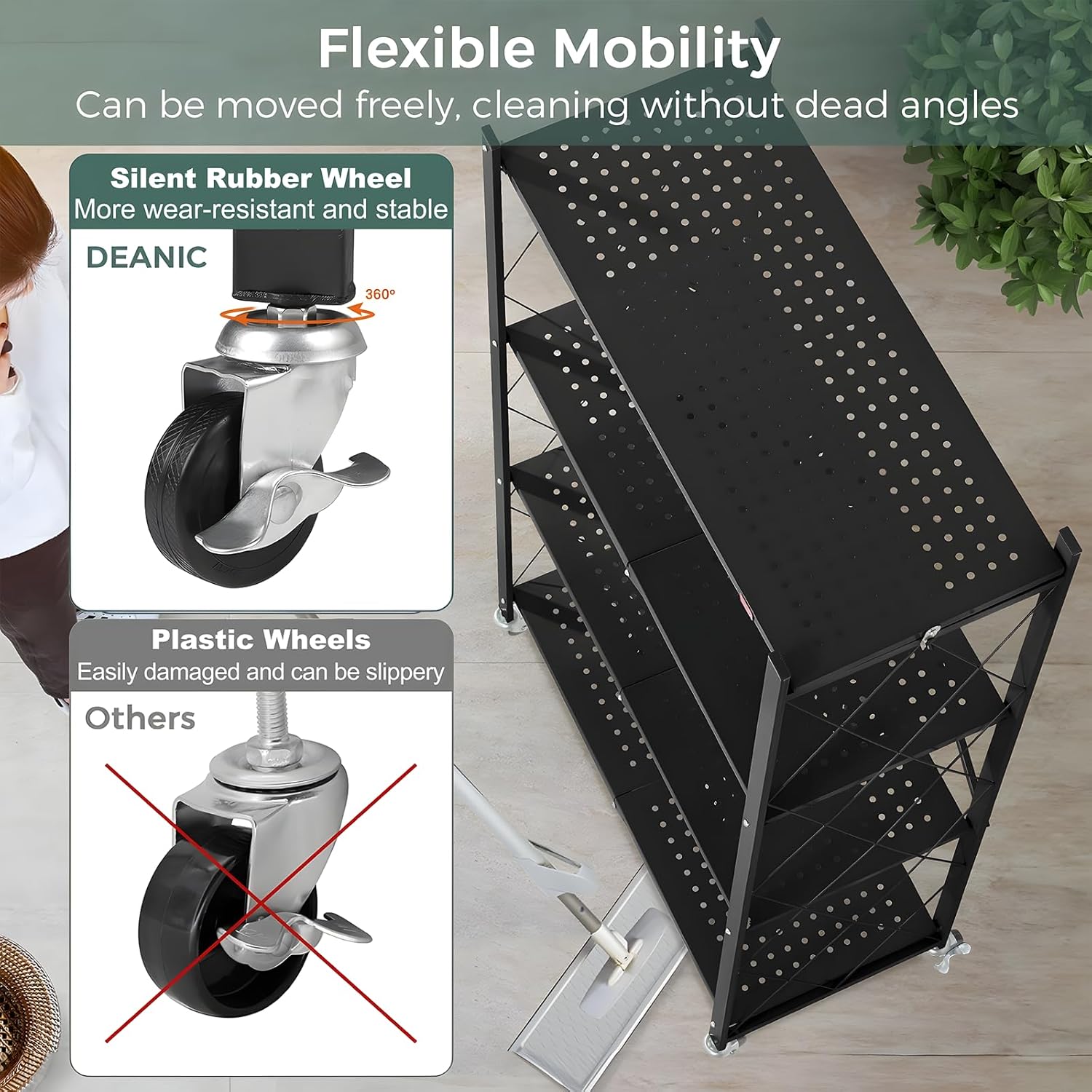 CARLA HOME 4 Tier Black Foldable Storage Shelf with Wheels 100kg Capacity