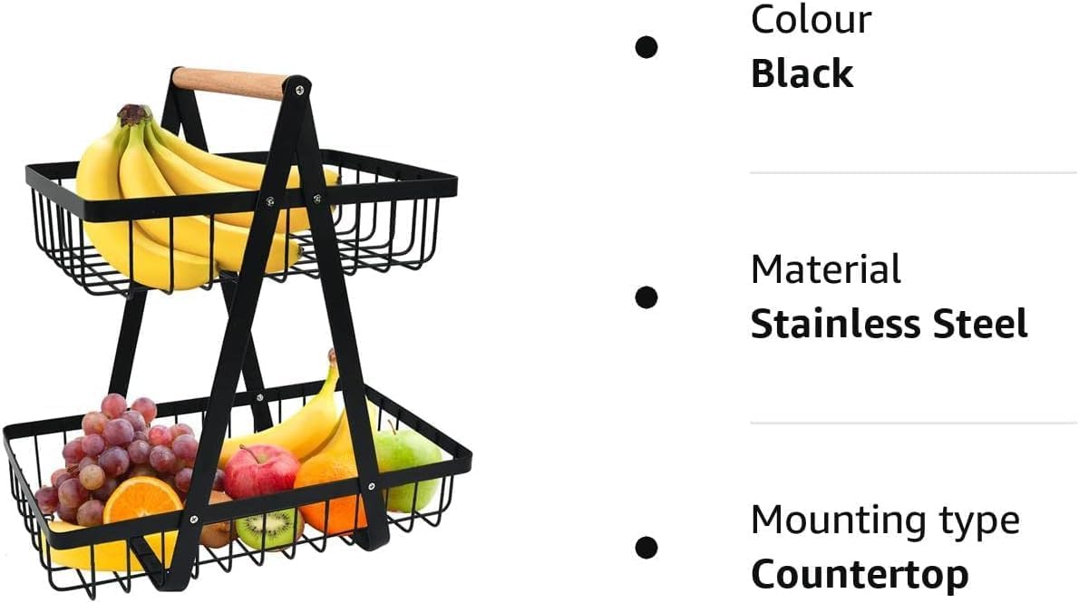 CARLA HOME 2-Tier Fruit Basket Stand for Kitchen Countertop for Fruits, Vegetables, Bread & Snacks with Wooden Handle - SuperSaverAU - view 7