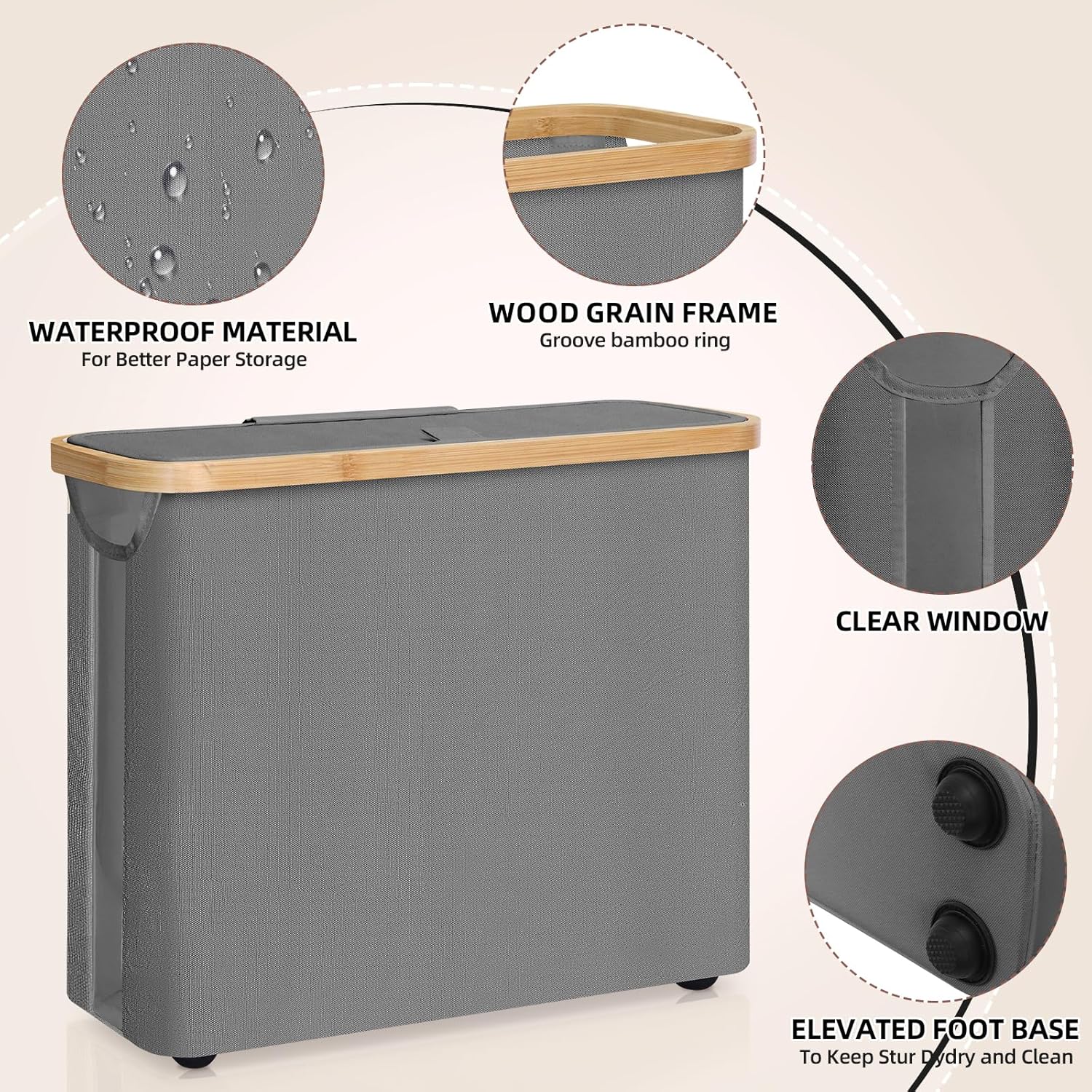 CARLA HOME Toilet Paper Storage Basket, Holds 12 Rolls, Bamboo Lid, Grey, 35x45x15 cm - SuperSaverAU - view 4