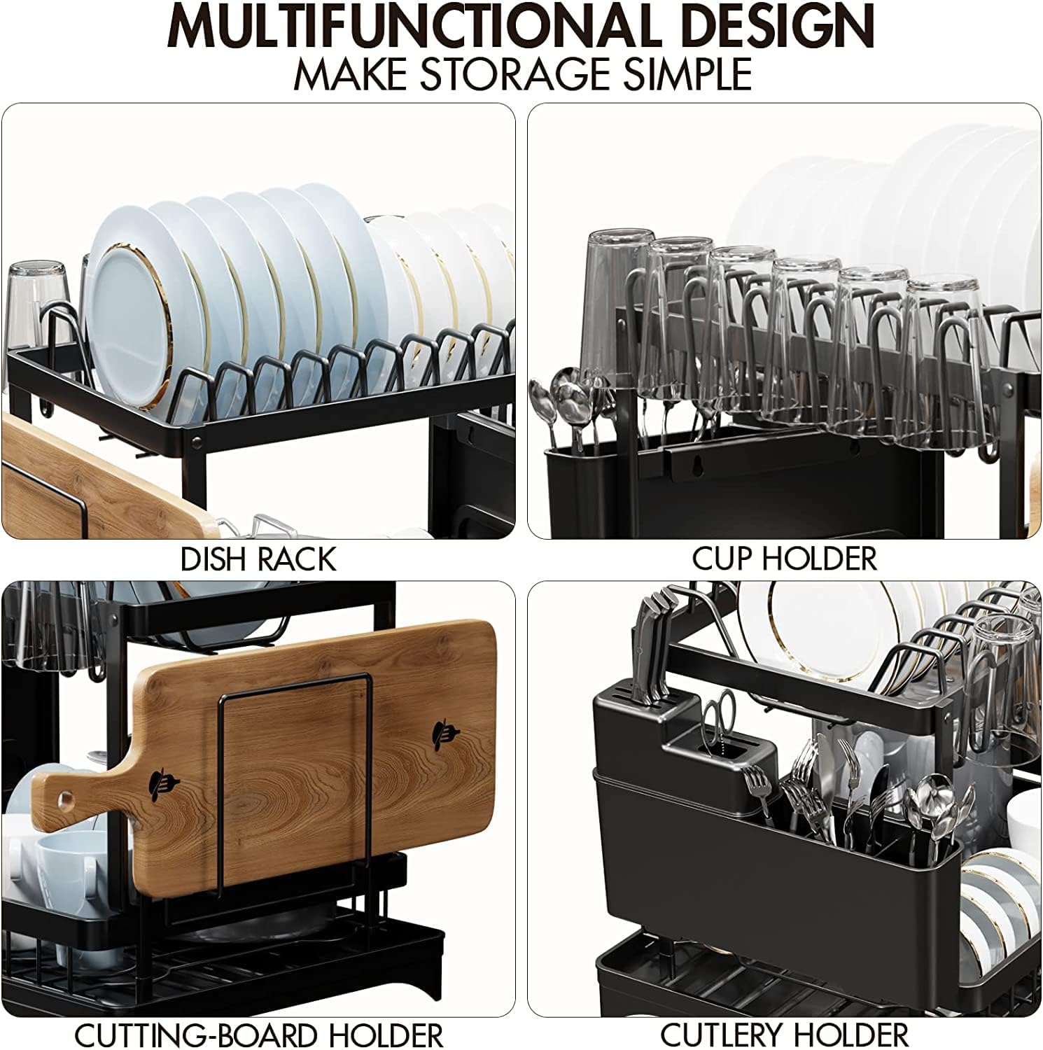CARLA HOME 2-Tier Dish Drying Rack – Black with Drainage Tray