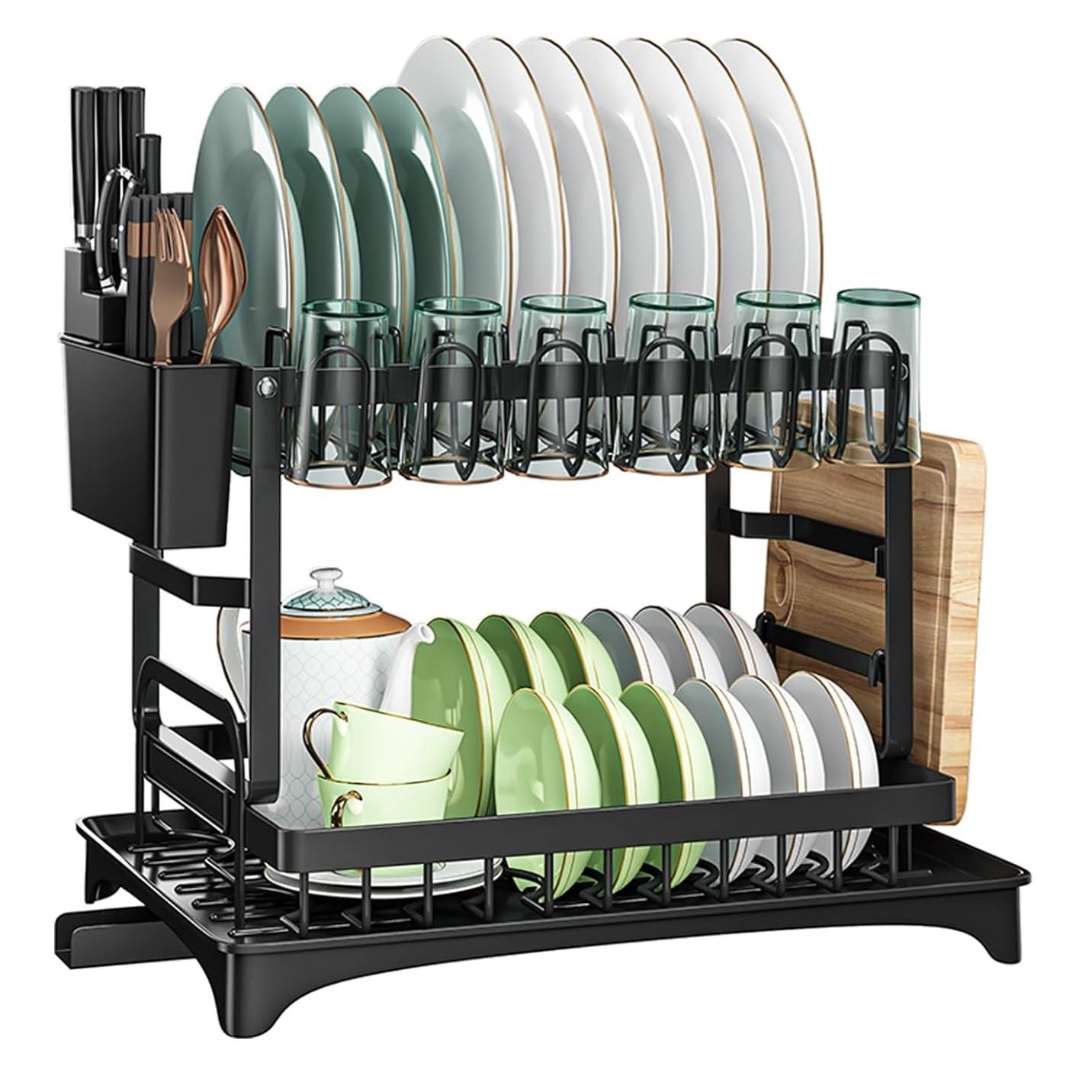 CARLA HOME 2-Tier Dish Drying Rack – Black with Drainage Tray