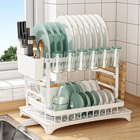 CARLA HOME 2-Tier Dish Drying Rack – White with Drainage Tray