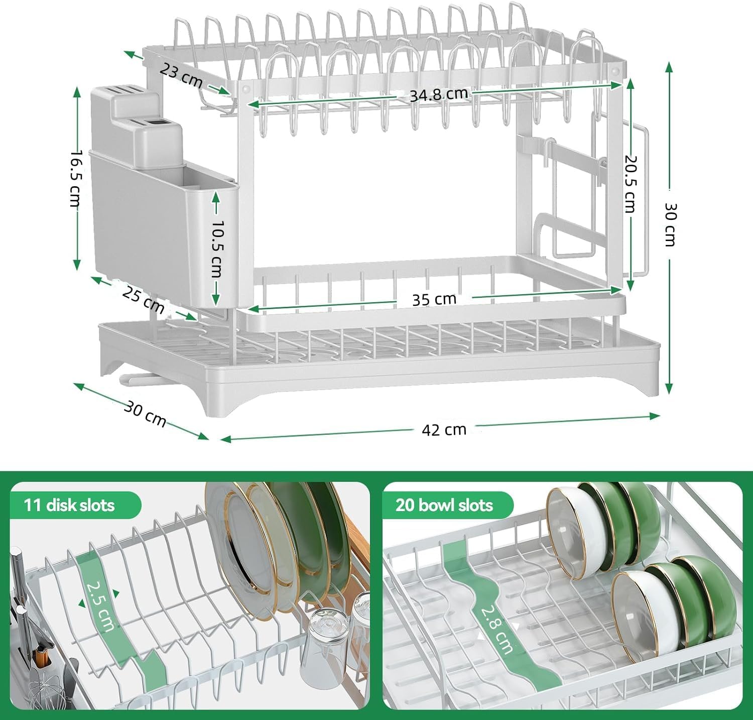 CARLA HOME 2-Tier Dish Drying Rack – White with Drainage Tray