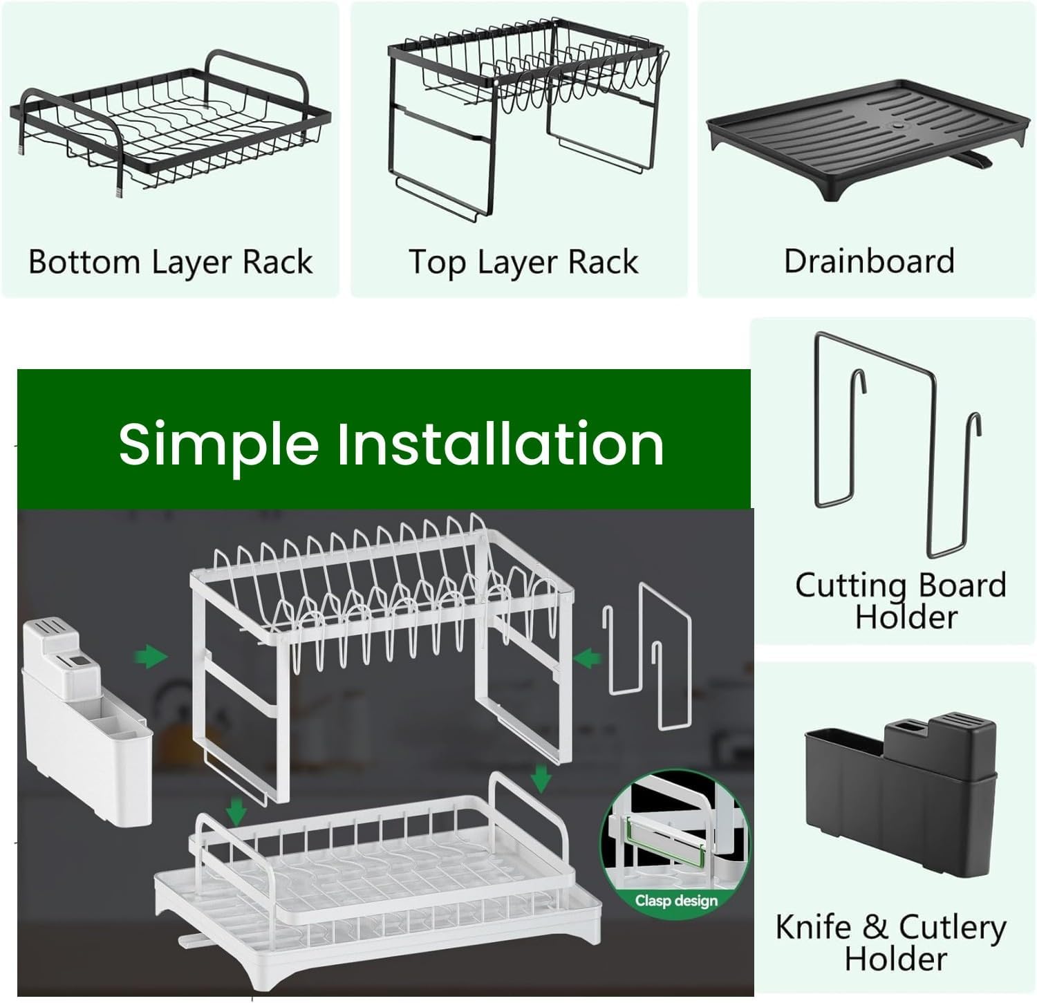 CARLA HOME 2-Tier Dish Drying Rack – White with Drainage Tray