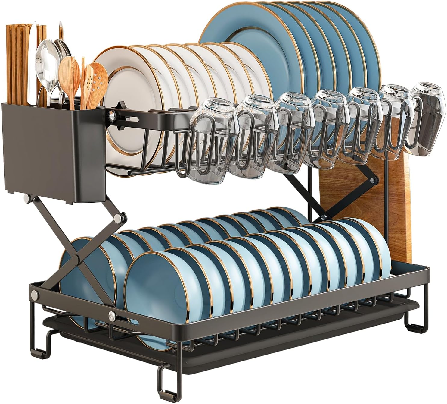 CARLA HOME 2-Tier Dish Drying Rack 40x32x28 cm with Drainage Tray & Utensil Holder - SuperSaverAU - view 1
