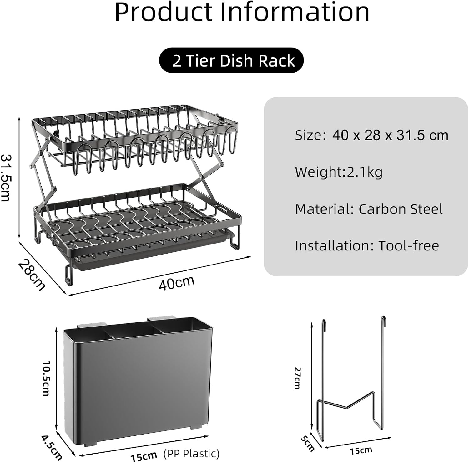 CARLA HOME 2-Tier Dish Drying Rack 40x32x28 cm with Drainage Tray & Utensil Holder - SuperSaverAU - view 2