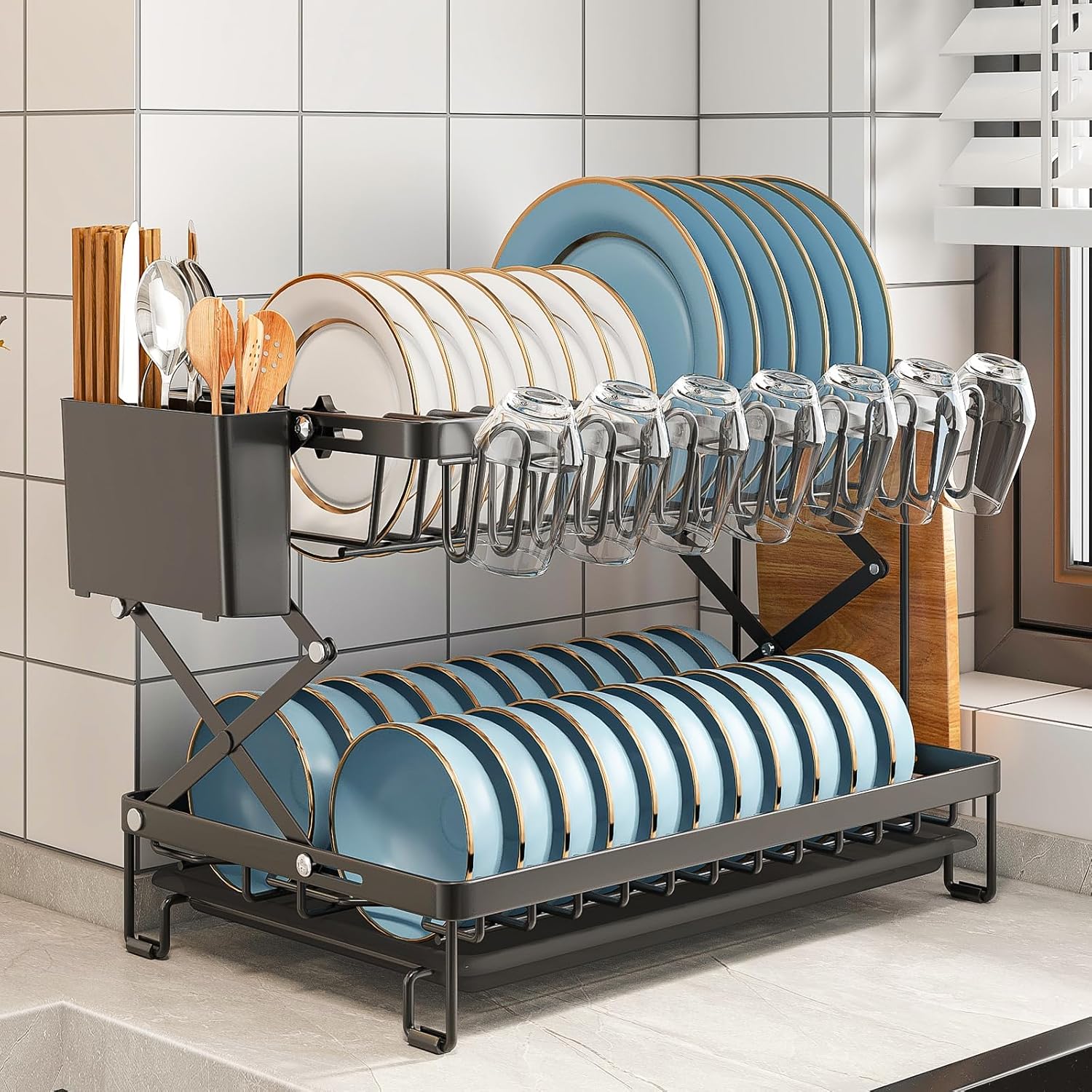 CARLA HOME 2-Tier Dish Drying Rack 40x32x28 cm with Drainage Tray & Utensil Holder - SuperSaverAU - view 3