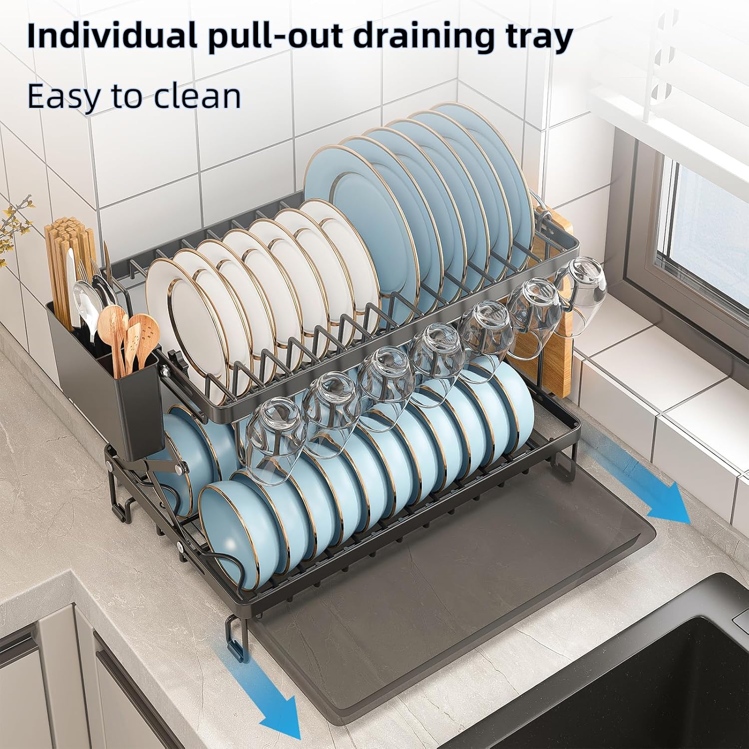 CARLA HOME 2-Tier Dish Drying Rack 40x32x28 cm with Drainage Tray & Utensil Holder - SuperSaverAU - view 5