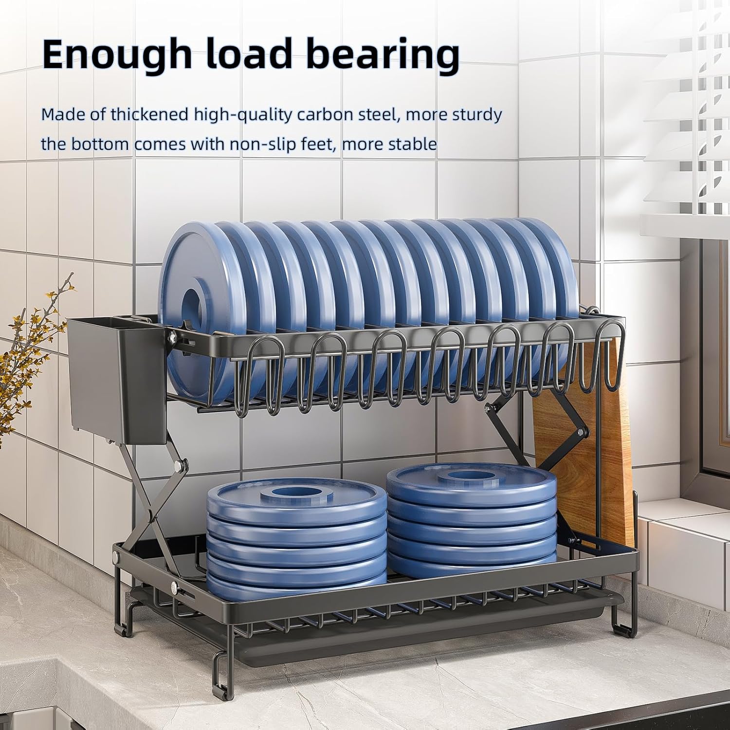 CARLA HOME 2-Tier Dish Drying Rack 40x32x28 cm with Drainage Tray & Utensil Holder - SuperSaverAU - view 7