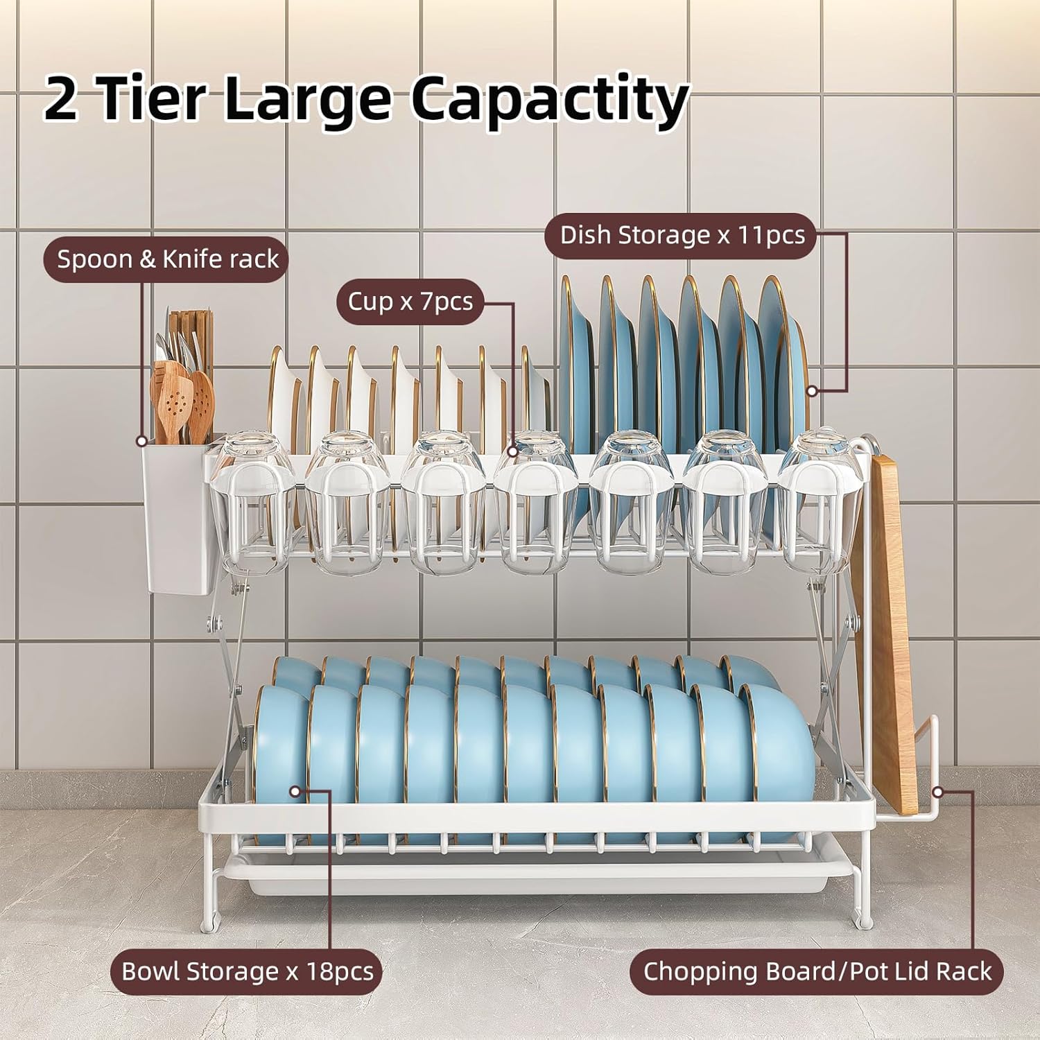 CARLA HOME 2-Tier Dish Drying Rack 40x32x28 cm with Drainage Tray & Utensil Holder - SuperSaverAU - view 4