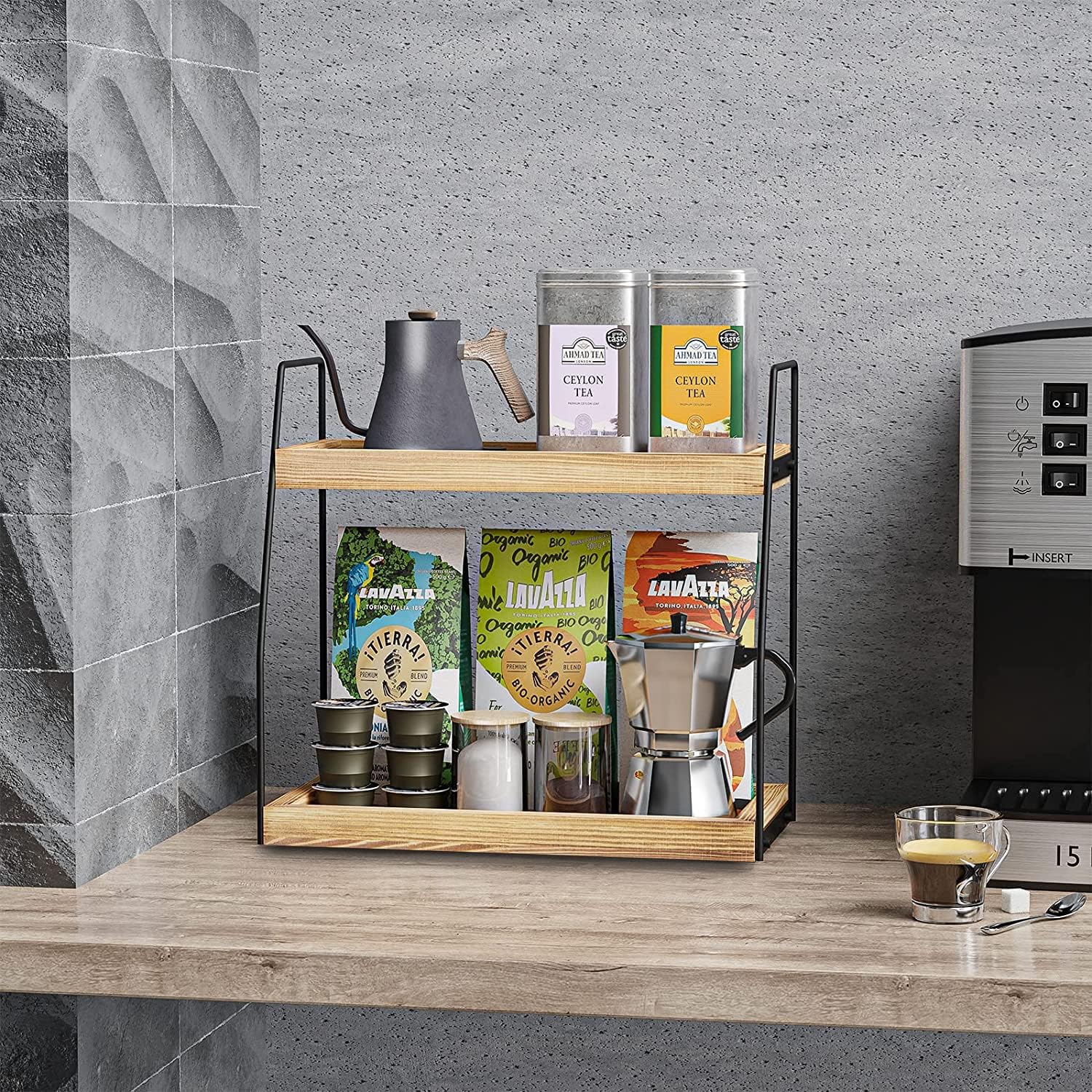 CARLA HOME 2 Tier Wooden Coffee Station Rack Countertop Organiser