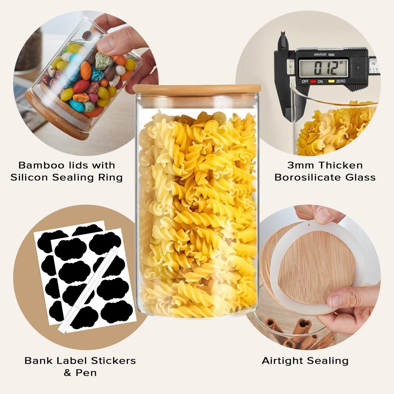 CARLA HOME 6 Pack Glass Storage Jars with Bamboo Lids, Airtight, Multi-Size - SuperSaverAU - view 3