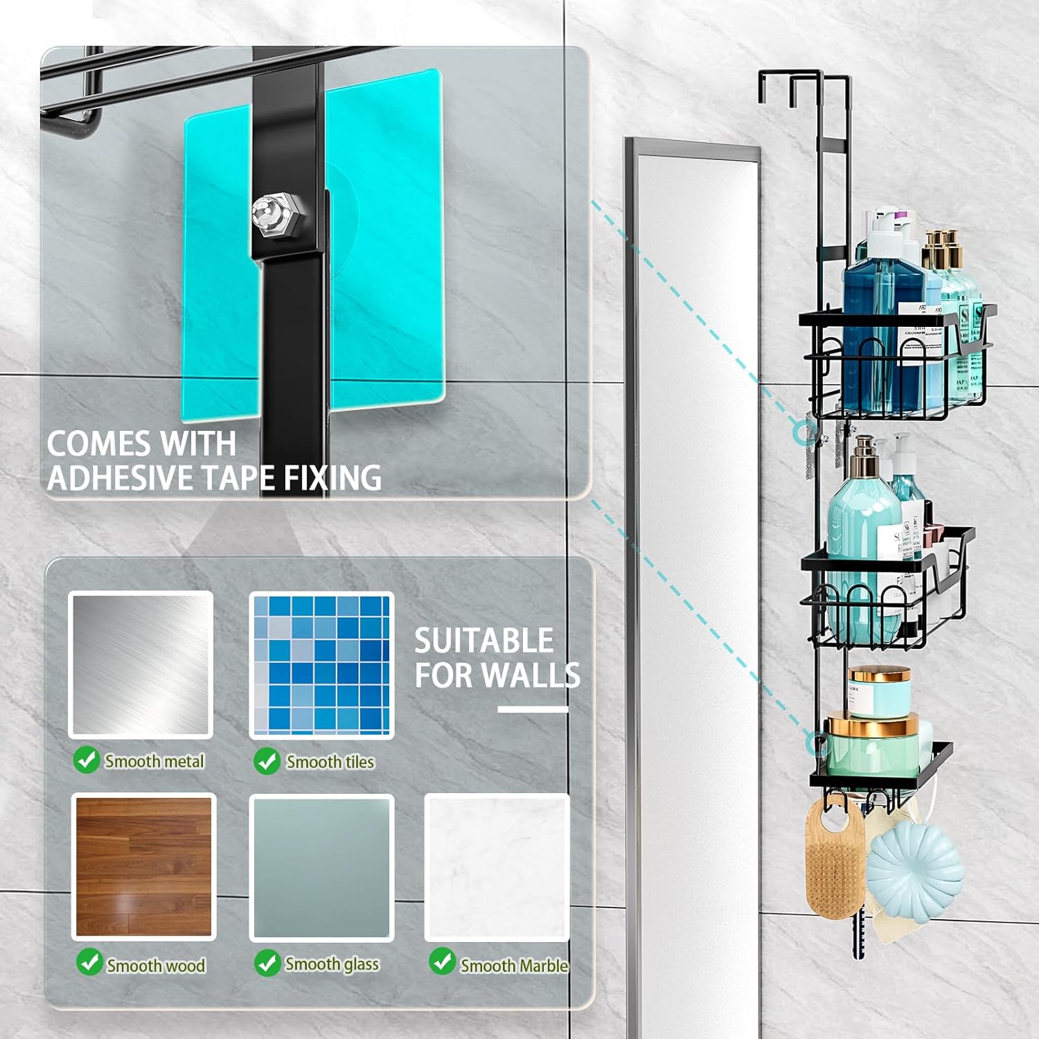 CARLA HOME 3-Tier Over the Door Shower Caddy Organizer 62 x 30 x 12 cm, Rustproof - SuperSaverAU - view 5