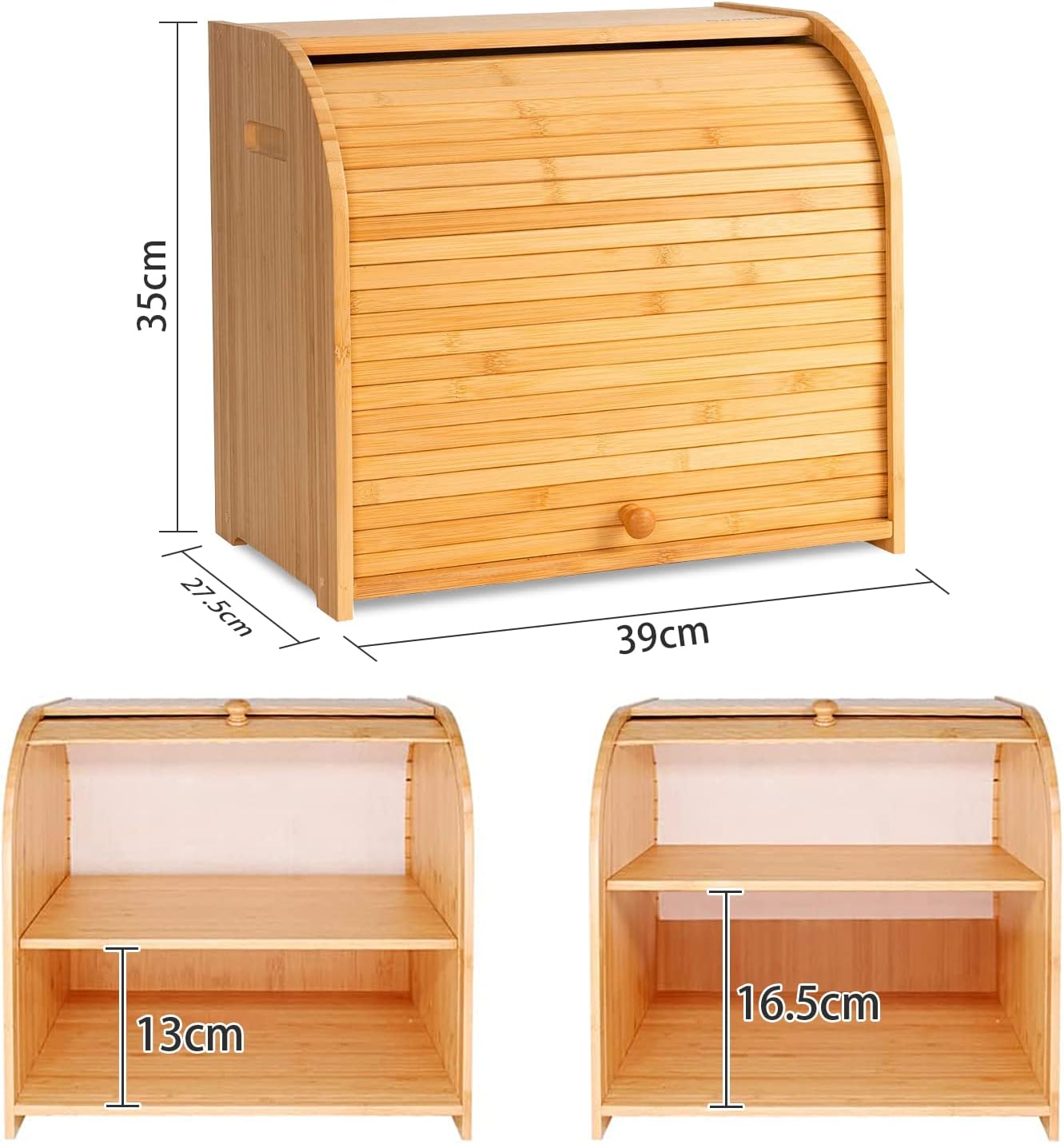 CARLA HOME Large Bamboo Bread Box 35x39x28 cm with Roll Top & Double-Layer Storage - SuperSaverAU - view 2