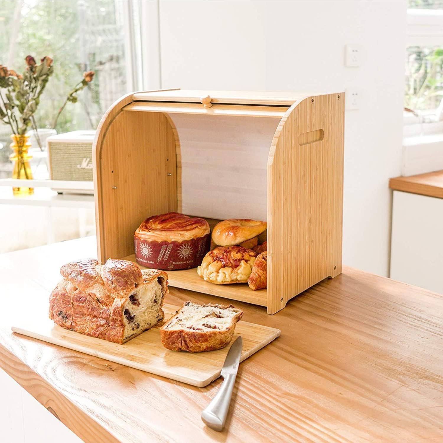 CARLA HOME Large Bamboo Bread Box 35x39x28 cm with Roll Top & Double-Layer Storage - SuperSaverAU - view 8