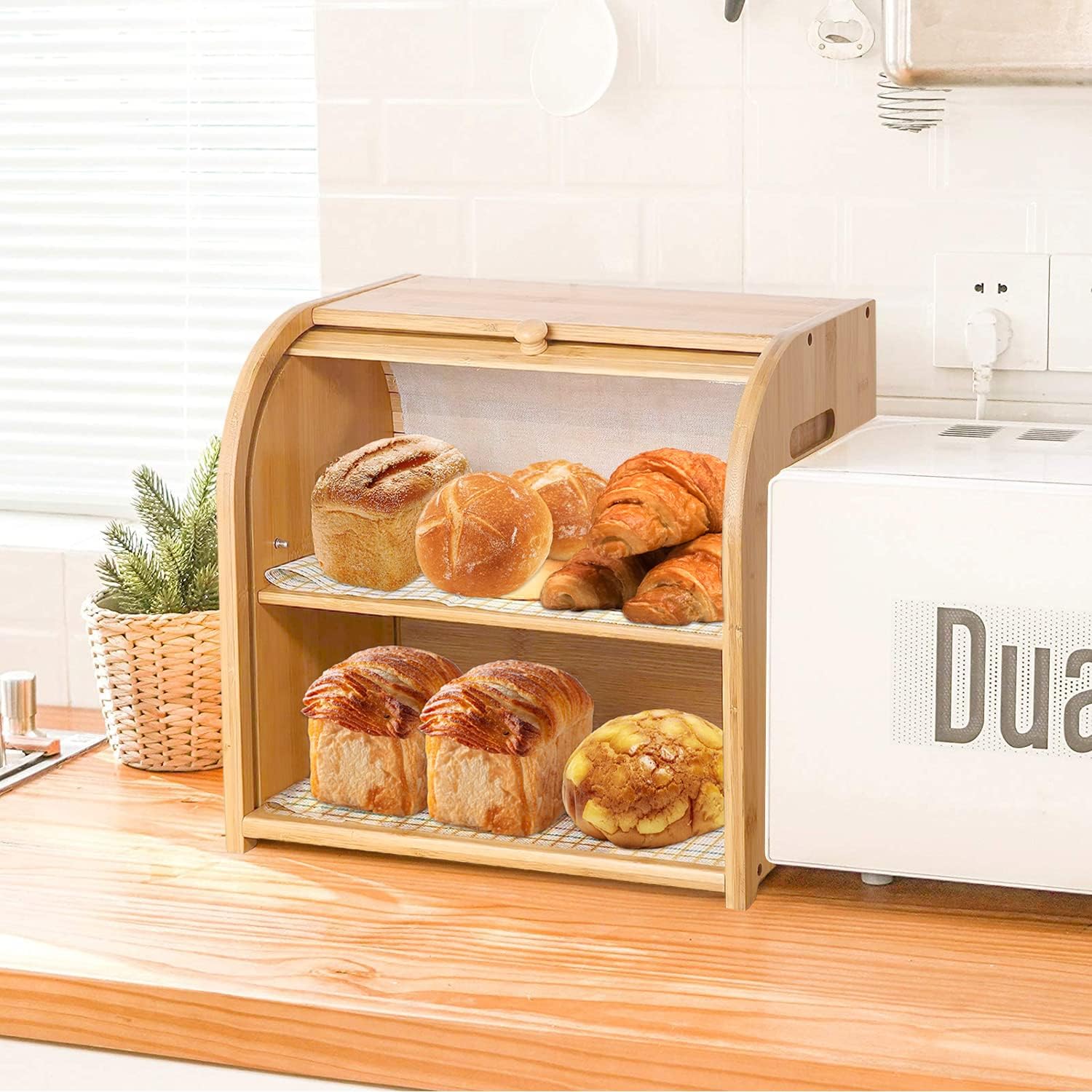 CARLA HOME Large Bamboo Bread Box 35x39x28 cm with Roll Top & Double-Layer Storage - SuperSaverAU - view 9