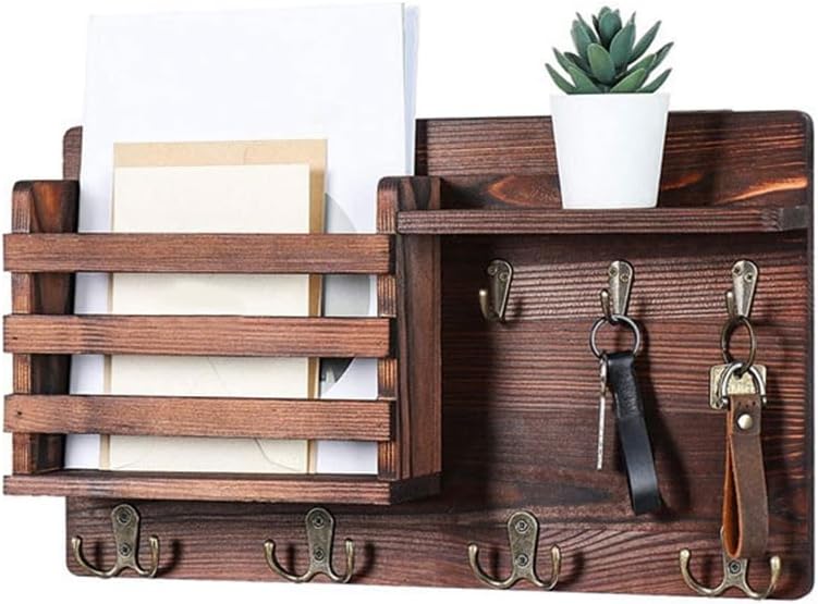 CARLA HOME Rustic Wood Wall Mounted Key and Mail Holder, 42x23x10 cm, 6 Hooks - SuperSaverAU - view 1
