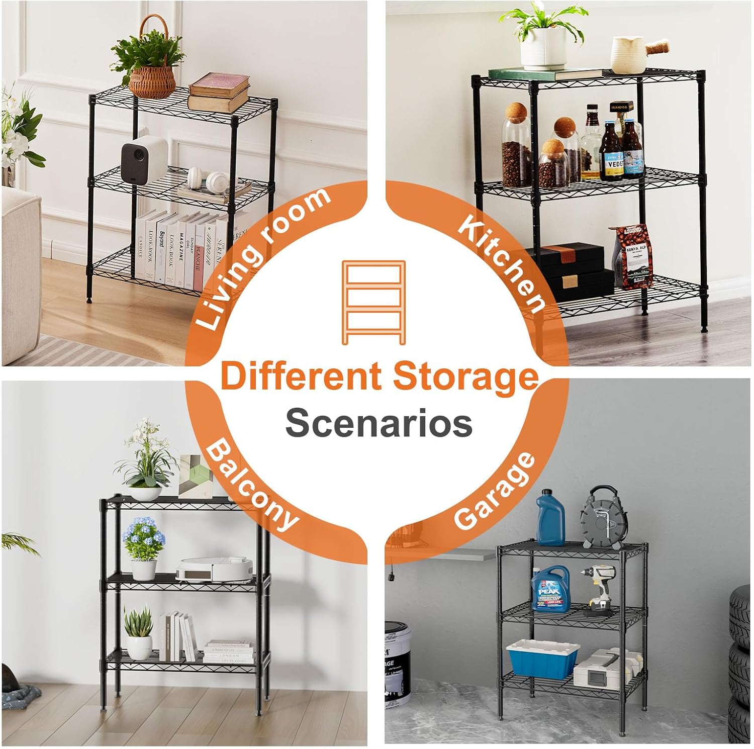CARLA HOME 3-Tier Adjustable Metal Storage Shelves – 60 x 35 x 103cm