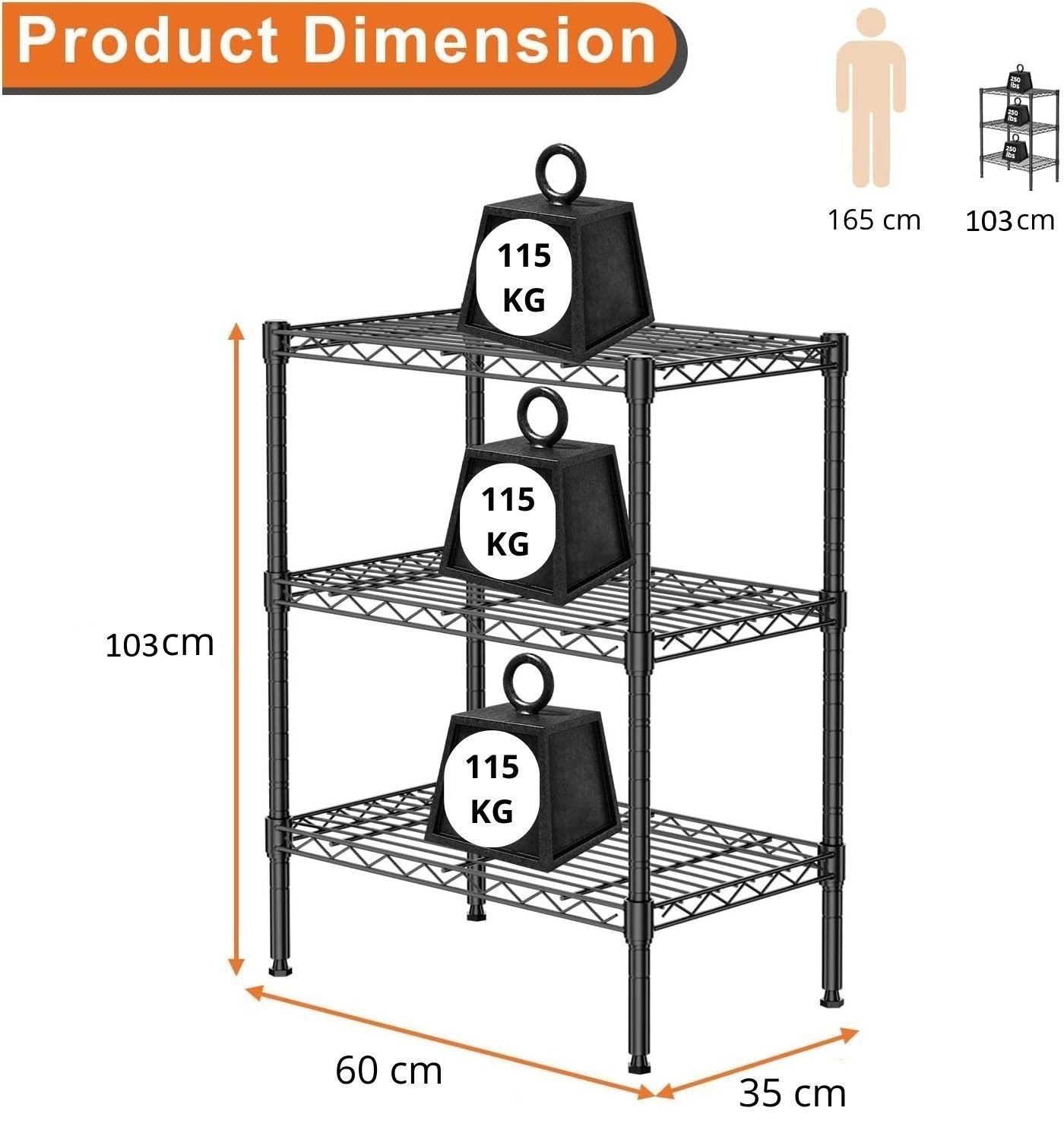 CARLA HOME 3-Tier Adjustable Metal Storage Shelves – 60 x 35 x 103cm