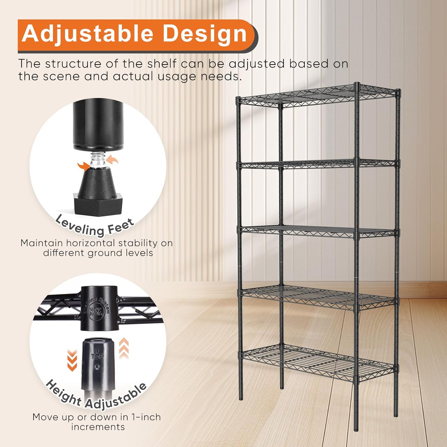 CARLA HOME 5-Tier Adjustable Metal Storage Shelves – 60 x 40 x 176cm