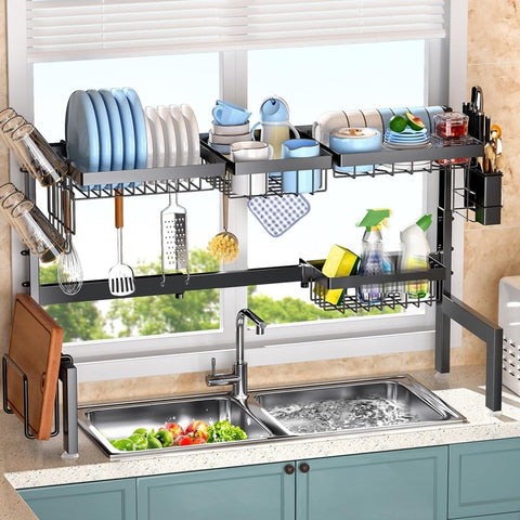 CARLA HOME Adjustable Over the Sink Dish Drying Rack 85 x 59 cm with Utensil Holder & Hooks - SuperSaverAU - view 1