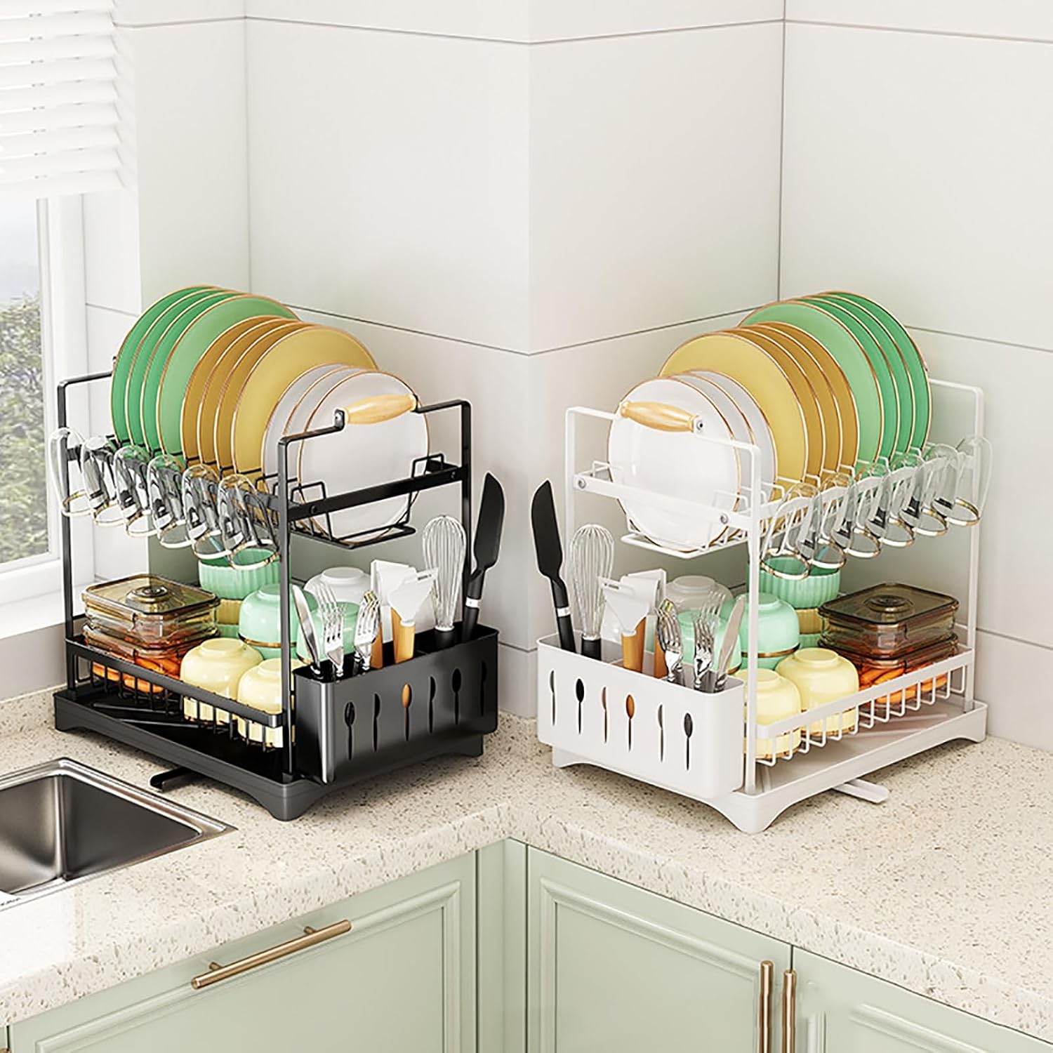 CARLA HOME 2-Tier Large Dish Drying Rack with Drainboard, Utensil Holder, 36 x 38 x 25 cm - SuperSaverAU - view 10
