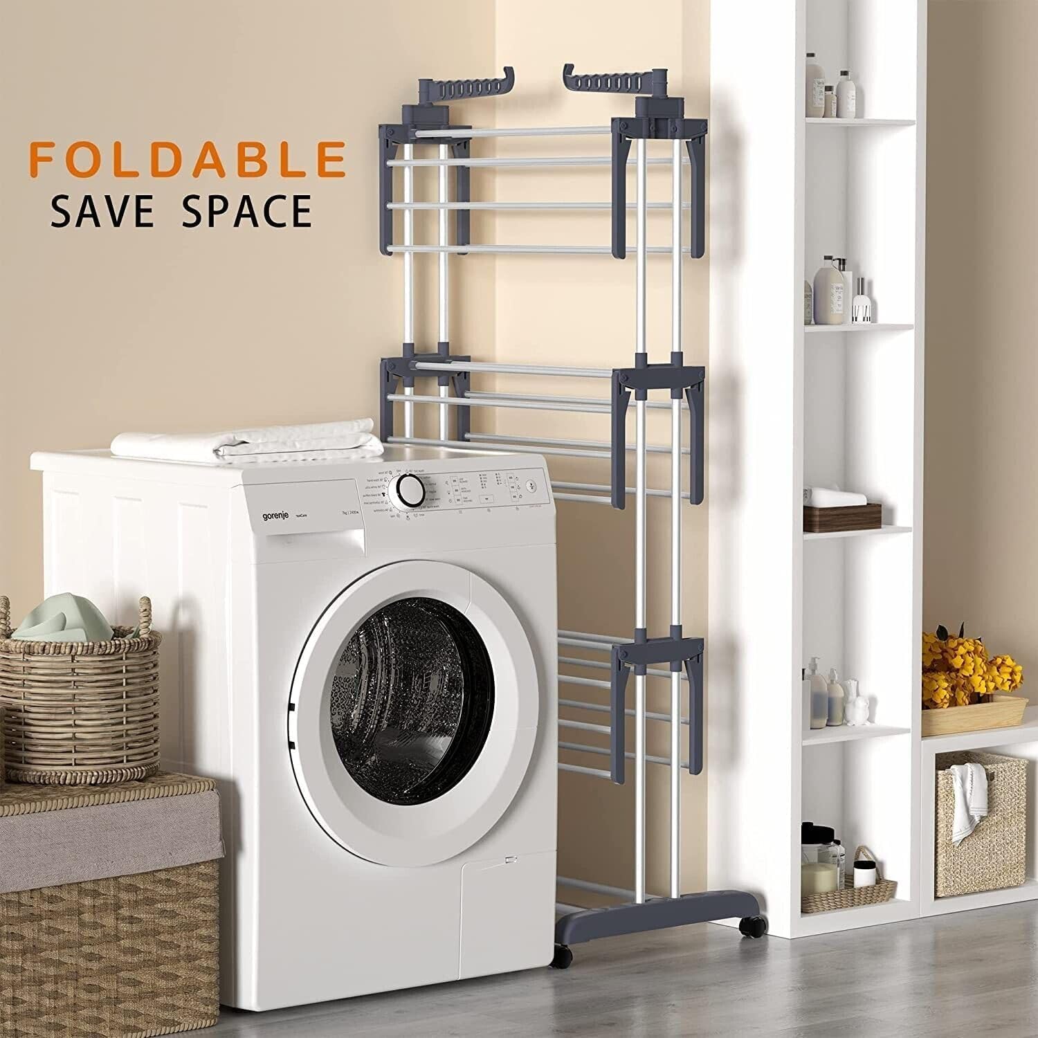 CARLA HOME Folding Clothes Drying Rack 29x103x41 cm with Wheels & Adjustable Wings - SuperSaverAU - view 4