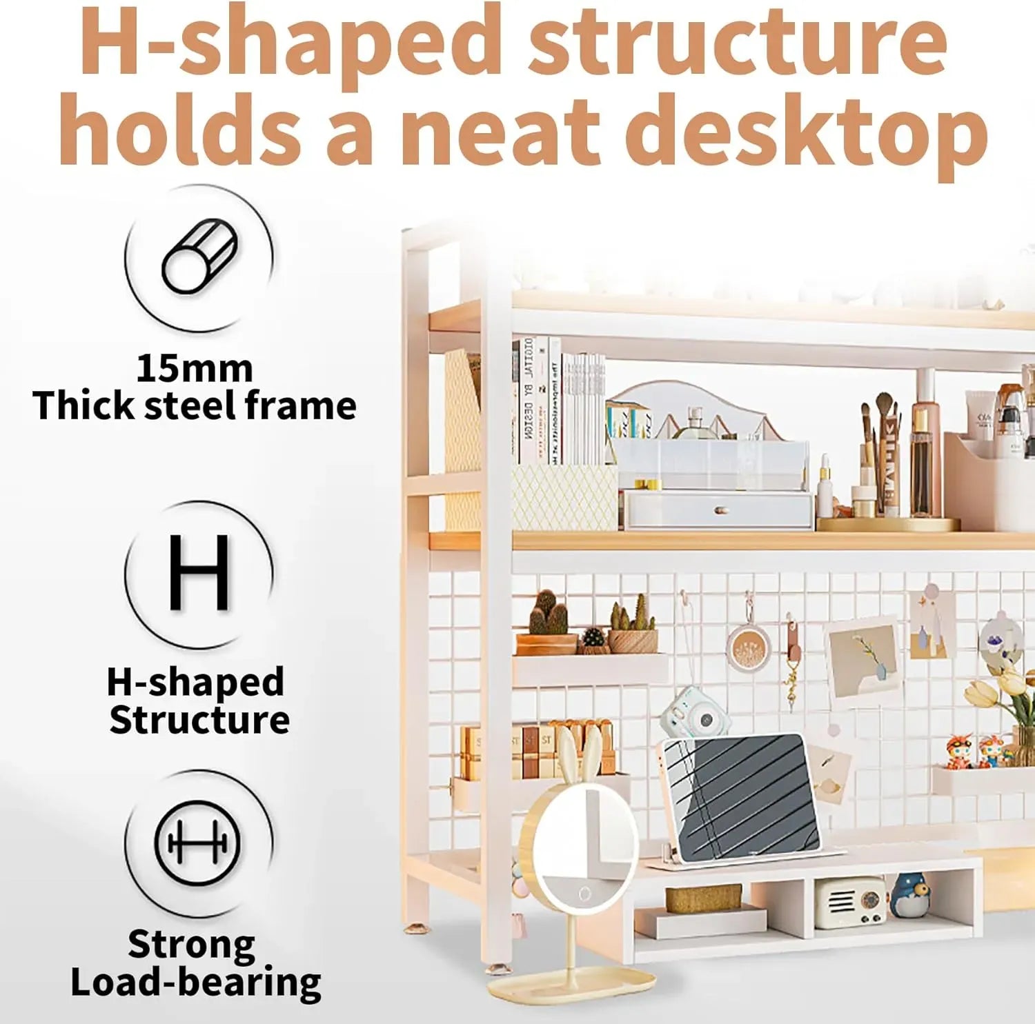 CARLA HOME 2 Tier Metal Desktop Hutch Bookshelf with Grid Panel 95cm