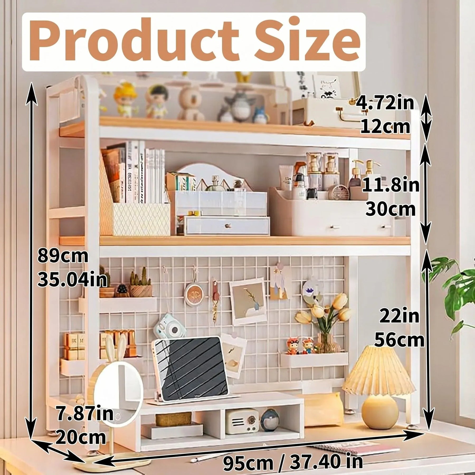 CARLA HOME 2 Tier Metal Desktop Hutch Bookshelf with Grid Panel 95cm