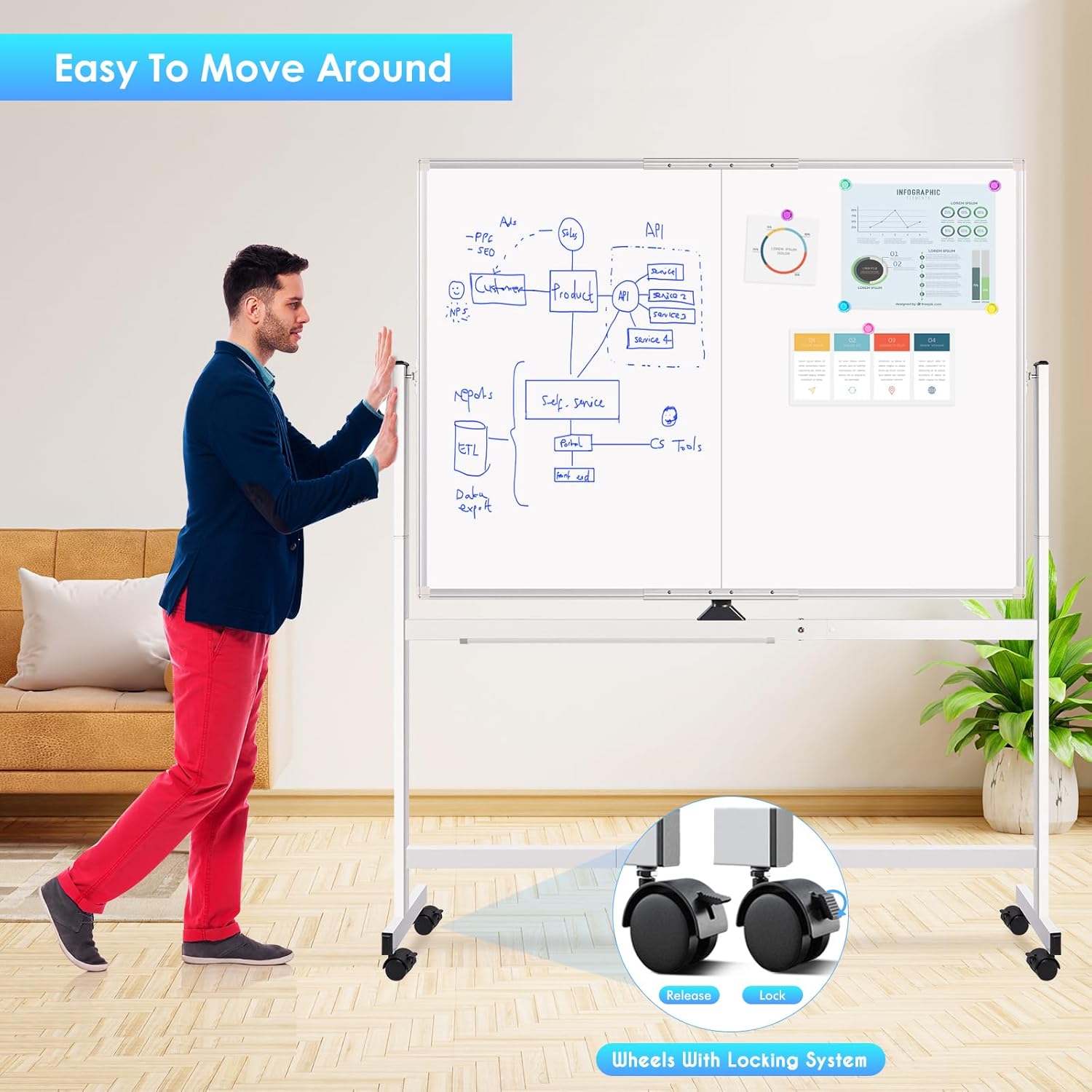 CARLA HOME 120x90cm Double Sided Magnetic Whiteboard with Wheels