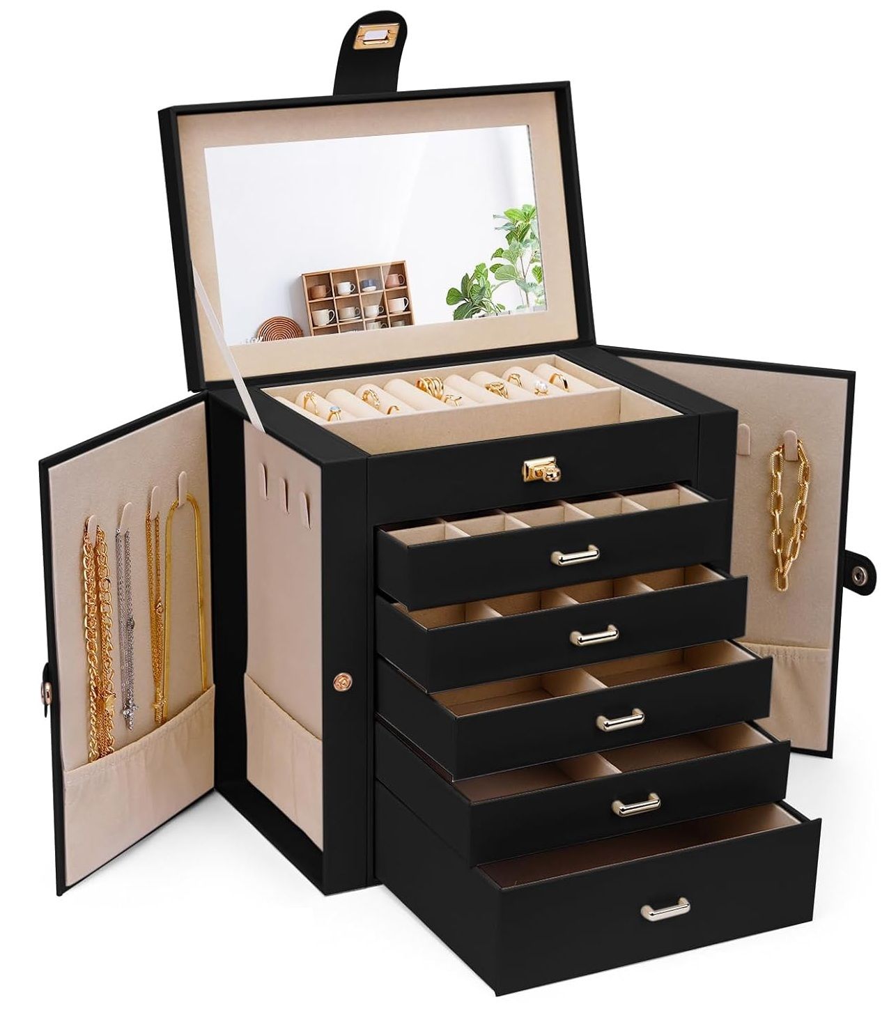 CARLA HOME 6-Layer Large Jewelry Box with Mirror and Lock - Black