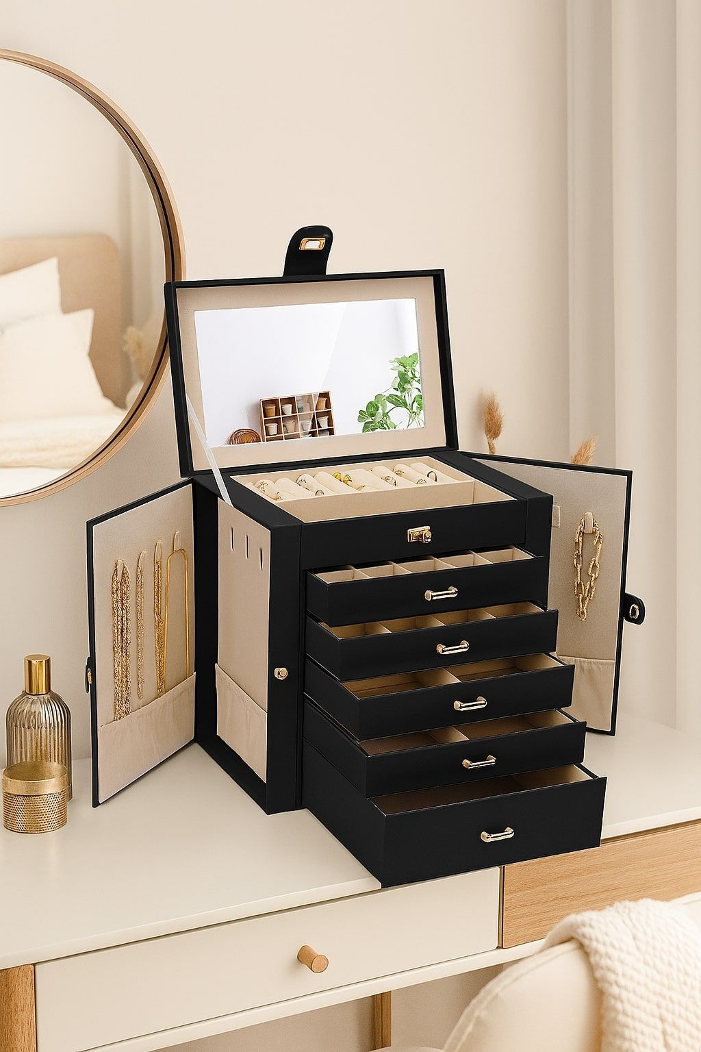 CARLA HOME 6-Layer Large Jewelry Box with Mirror and Lock - Black