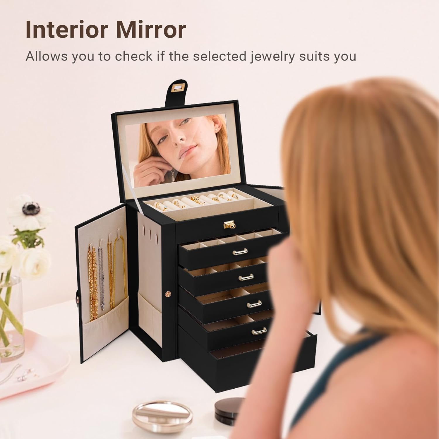CARLA HOME 6-Layer Large Jewelry Box with Mirror and Lock - Black