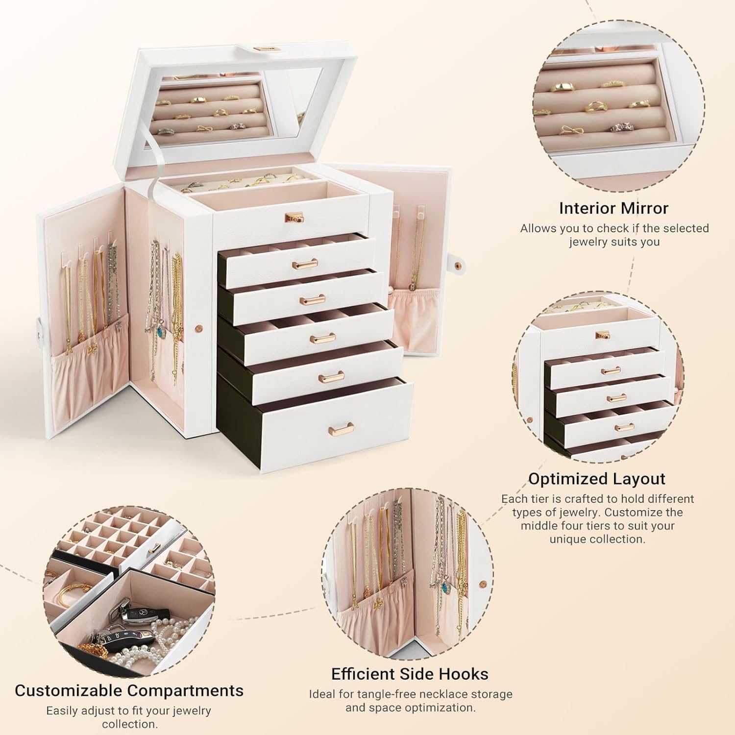 CARLA HOME 6-Layer Large Jewelry Box with Mirror and Lock - White