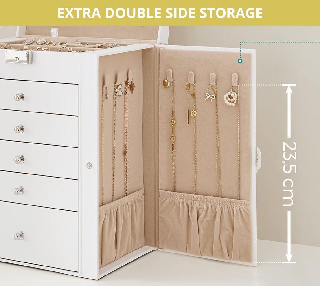 CARLA HOME 6-Layer Large Jewelry Box with Mirror and Lock - White