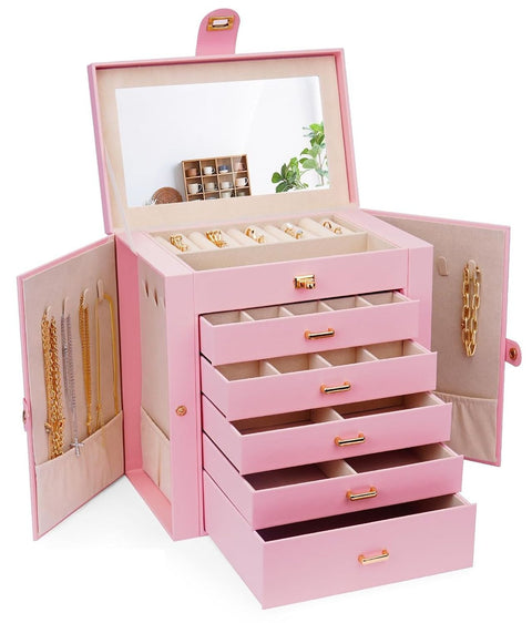 CARLA HOME 6-Layer Large Jewelry Box with Mirror and Lock - Pink